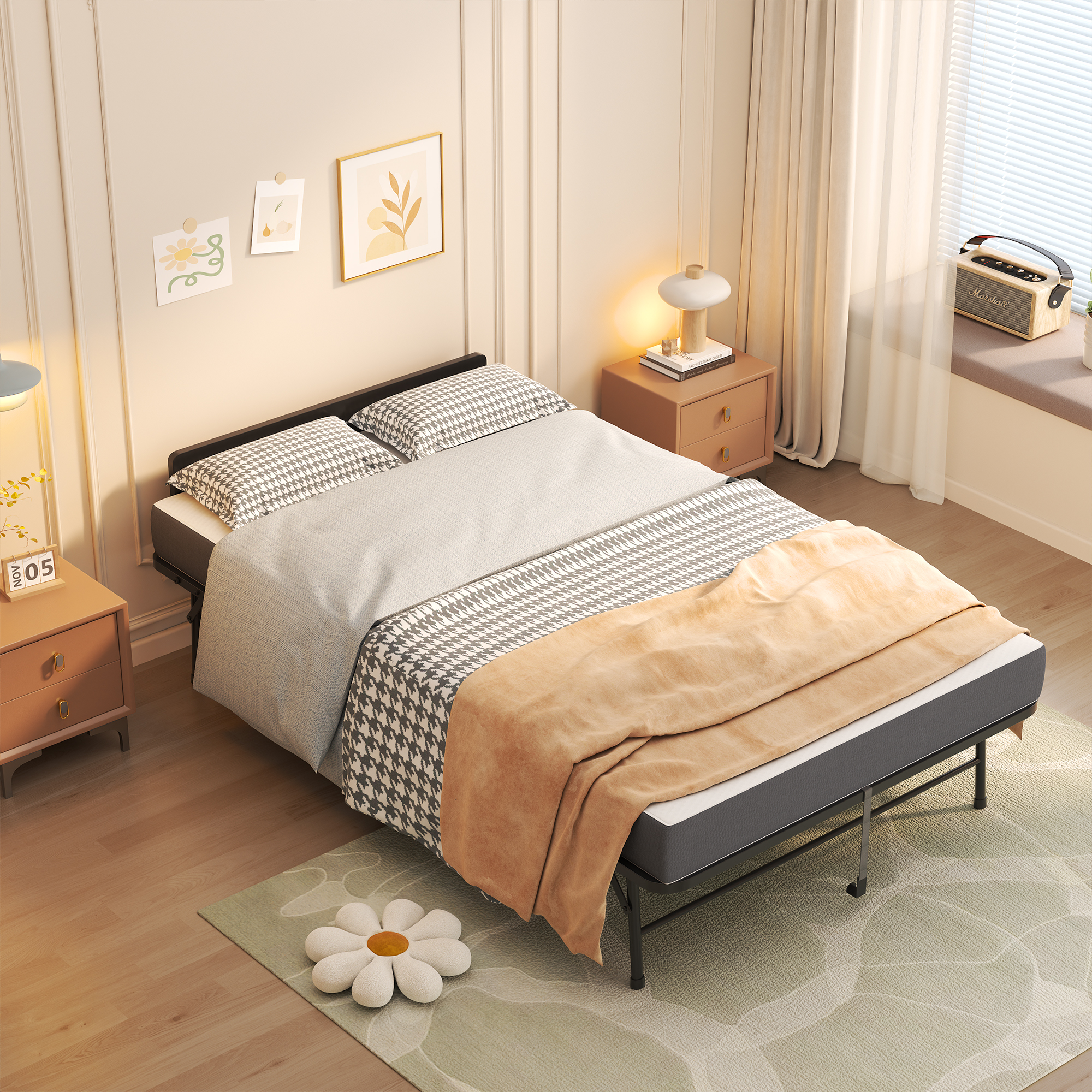 75x46 Wide Folding Bed With Adjustable Headboard, Extra Long Rollaway Bed For Tall People, 5 Memory Foam Mattress, Heavy-Duty Guest Bed On Wheels, Spacious Twin Cot