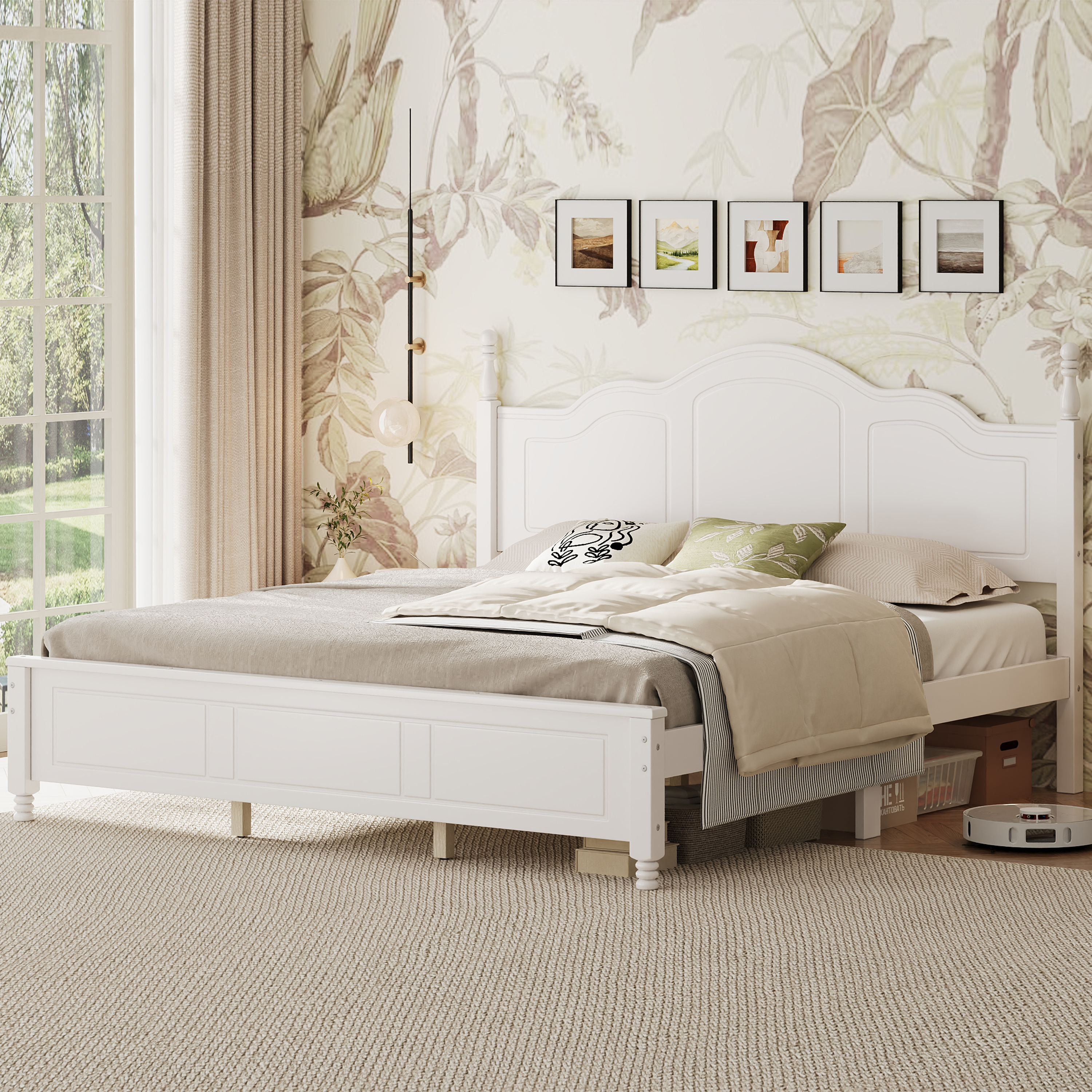 King Size Platform Bed Frame With Retro Wave Headboard, Wooden Slat Support, No Box Spring Needed, Easy Assembly, Sturdy Structure ,Bedroom Furniture With Classic Vintage Design,White