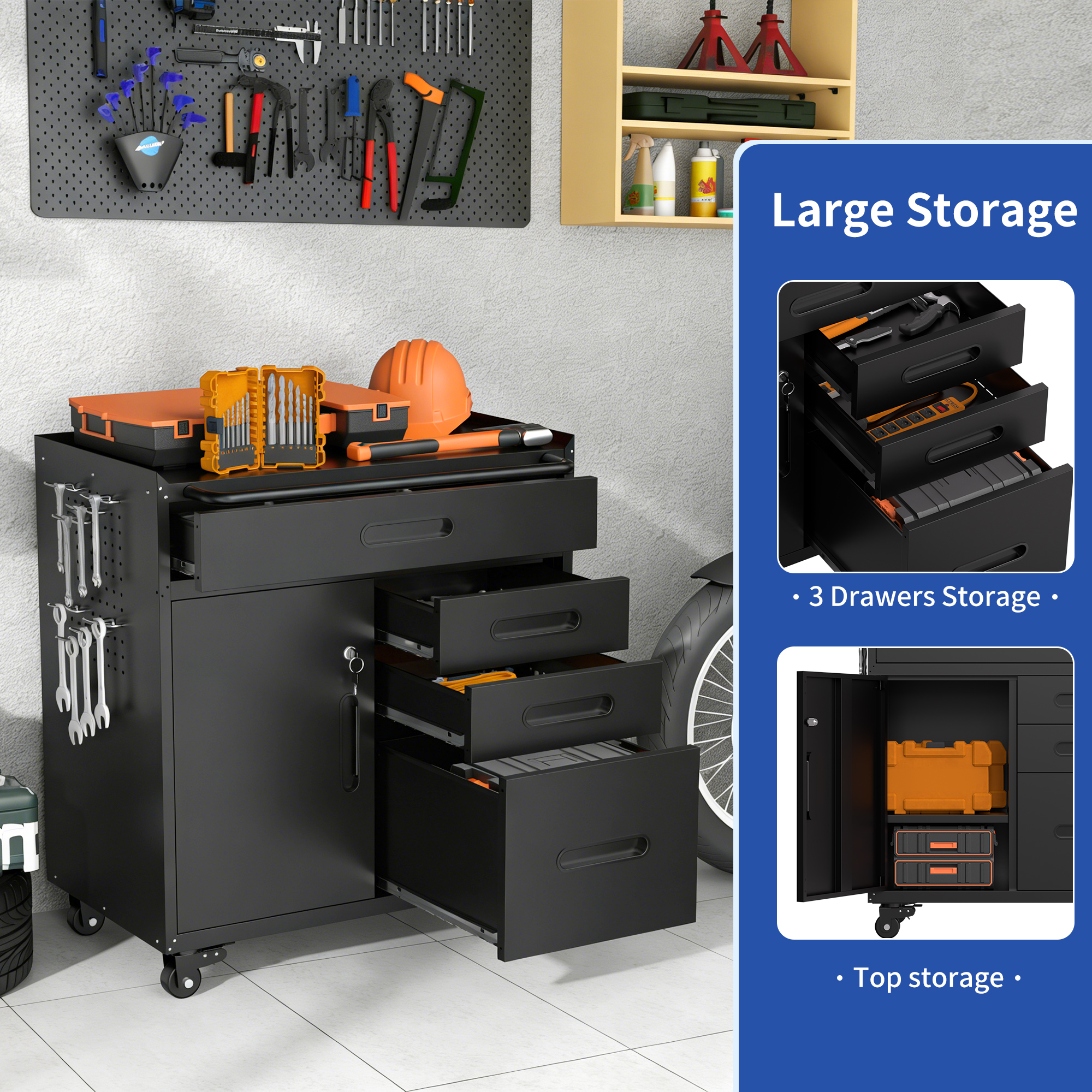 34.3 Mobile Tool Storage Cabinet - Garage Organizer With Lockable Compartment & 4 Drawers, Rolling Steel Chest For Workshop And Home Garage detail