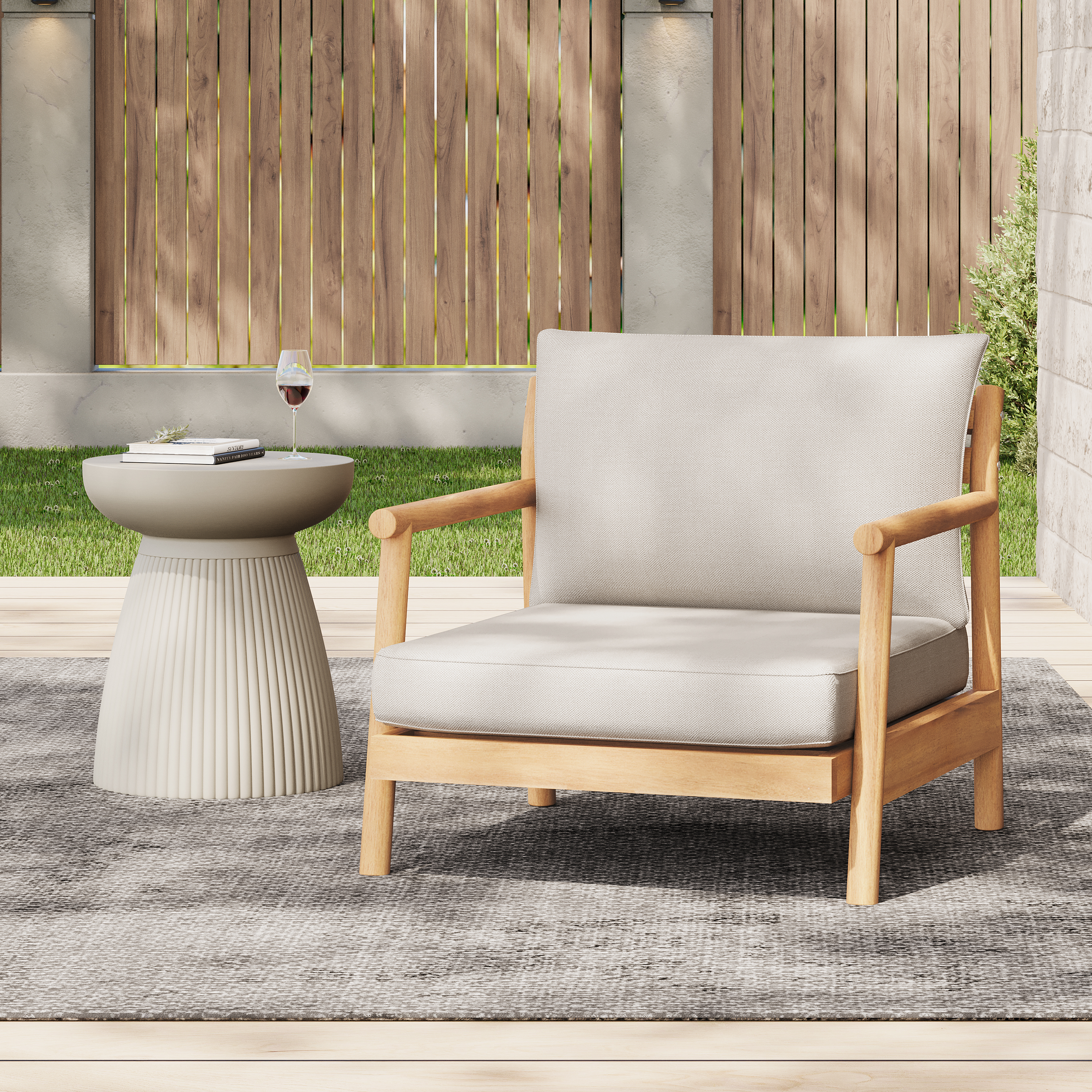 Patio Acacia Wood Club Chair With Water-resistant Cushion, Teak Beige 1 PC