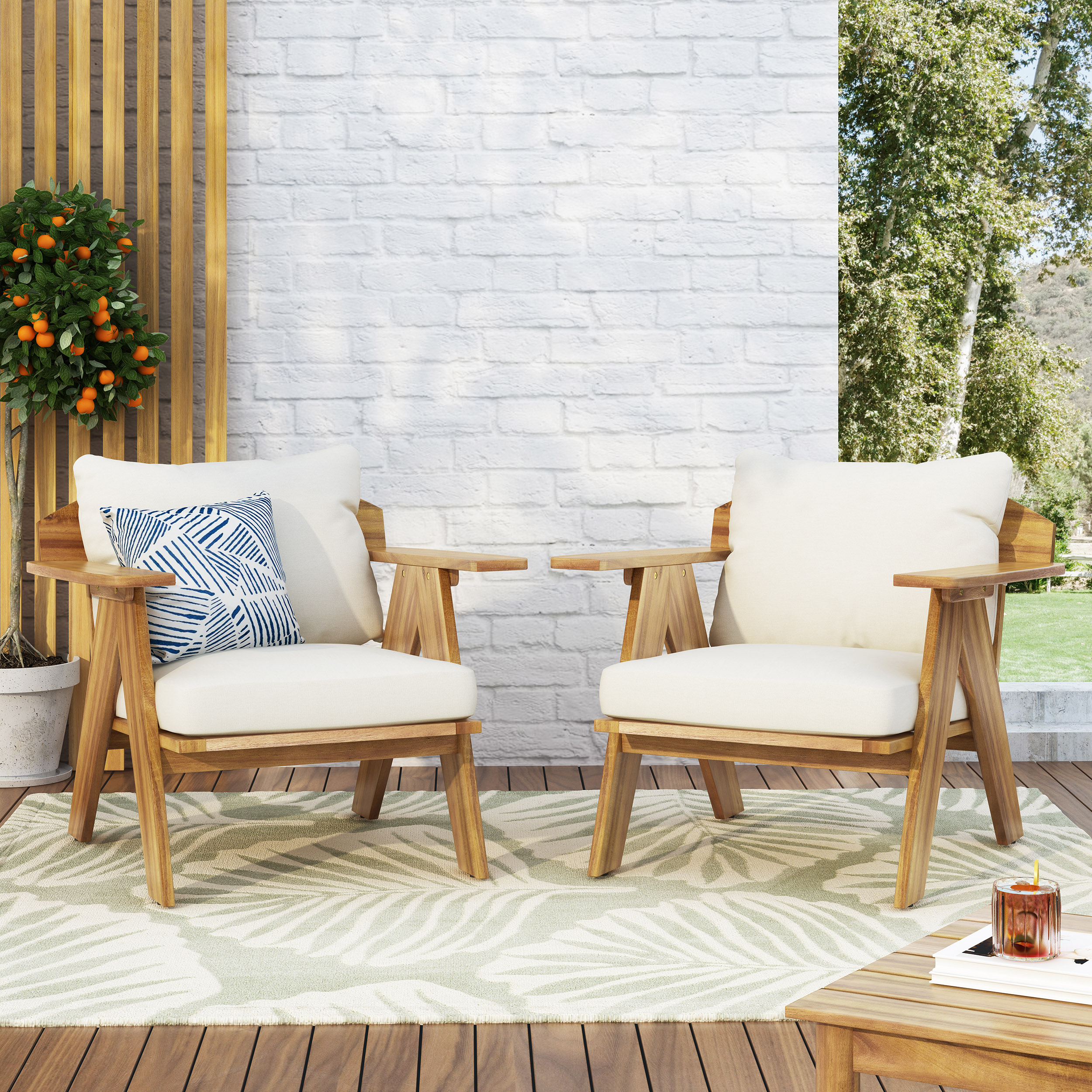 Outdoor Acacia Wood Club Chairs With Cushions Set Of 2 , Teak Finish Beige, 30.75 W X 30.25 D X 26.00 H