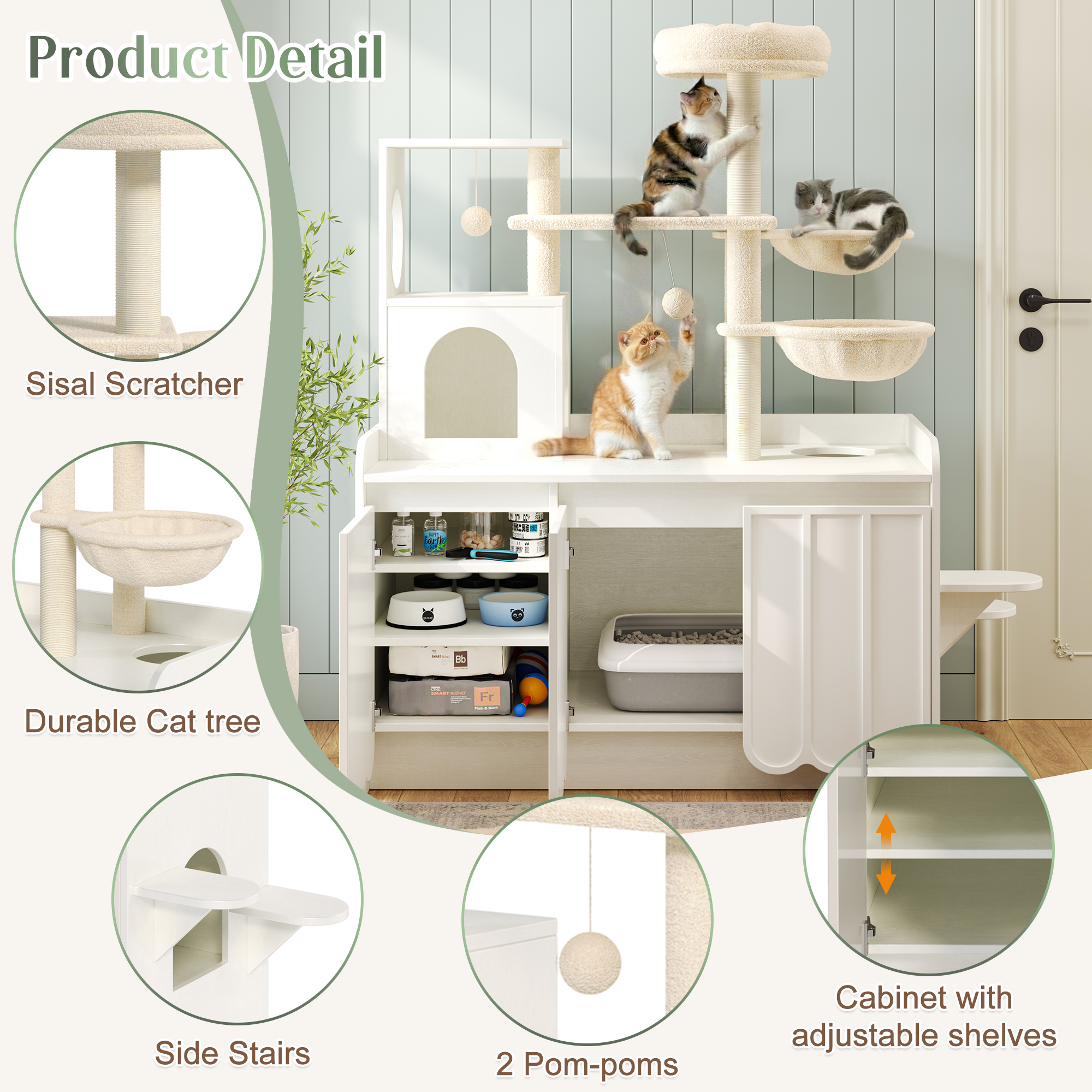 50.6  Cat Tree With Litter Box Enclosure, 5Cat Tower With Sisal Scratching Post And Storage Space, Hidden Litter Enclosure Furniture, All-in-One Modern Cat Condo With House, Hammock And Perch, White