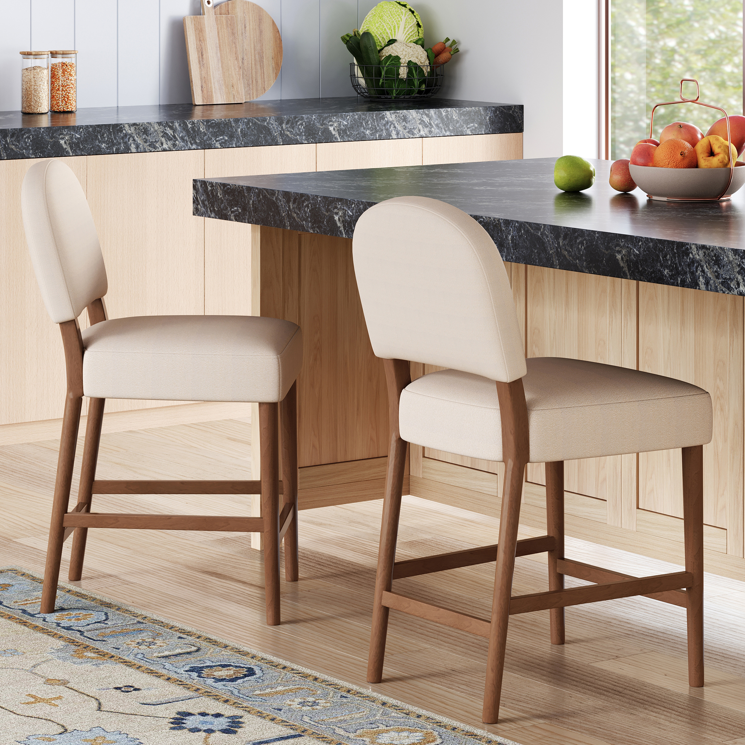 26 Seat Height Fabric & Rubberwood Bar Stool, Beige Upholstery With Adjustable Floor Leveler, Spacious Seat For Kitchen Island Beige,set Of 2