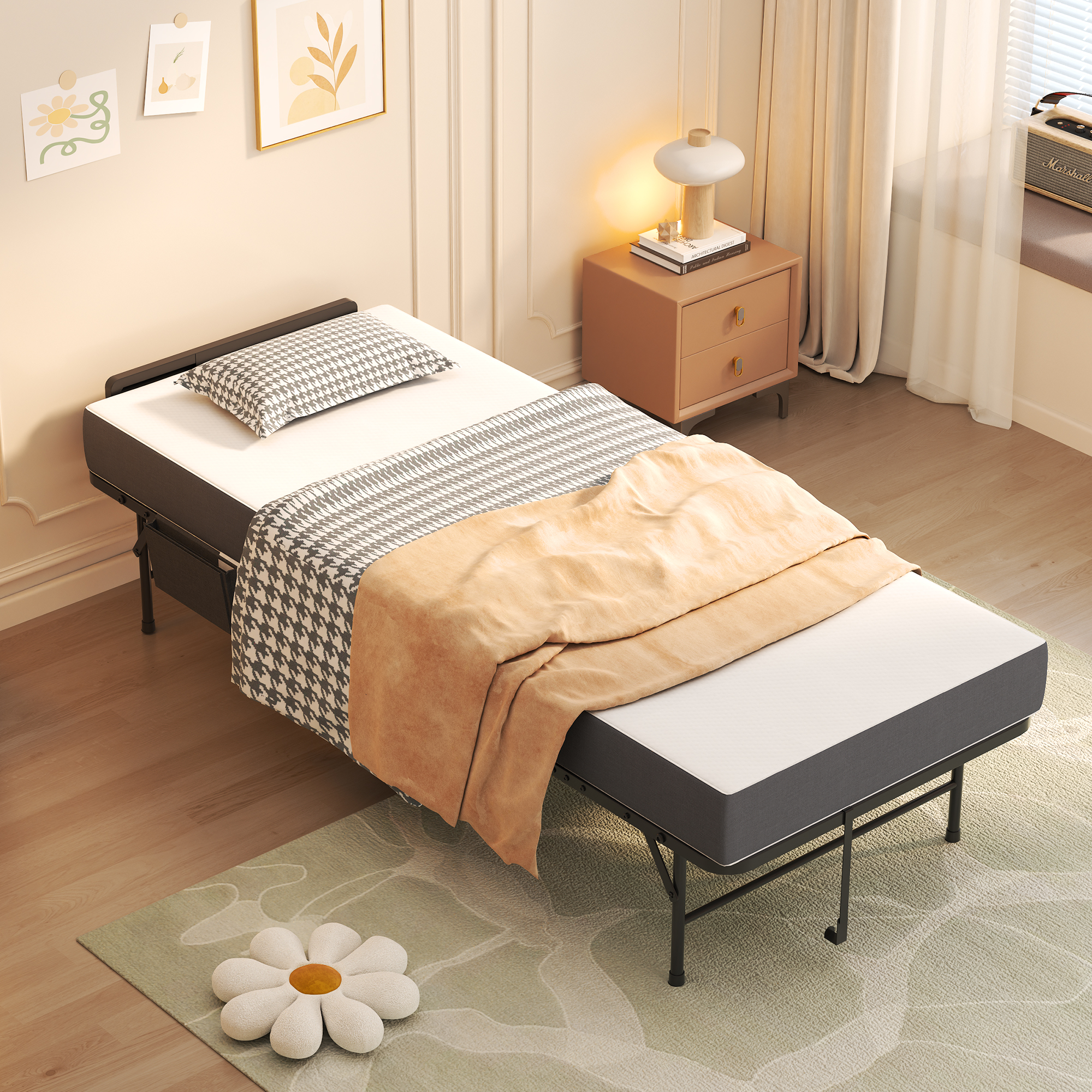 75 Folding Bed With Adjustable Headboard & 5 Memory Foam, Space Saving Rollaway Guest Bed For Tall People, Portable Twin Cot On Wheels, Easy Assembly