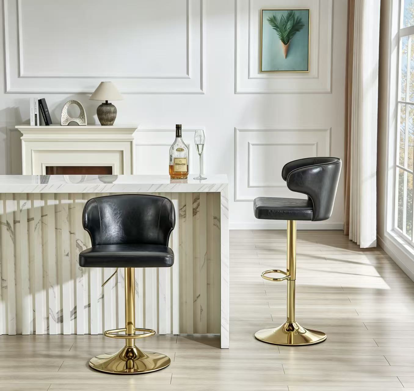 Modern Rotating Adjustable Bar Chair, PU Leather Belt Backrest Swivel Chair, Suitable For Kitchen Bar Counter And Dining Room, Adjustable Height, Capable Of Bearing 300 Pounds Black -2 Pieces