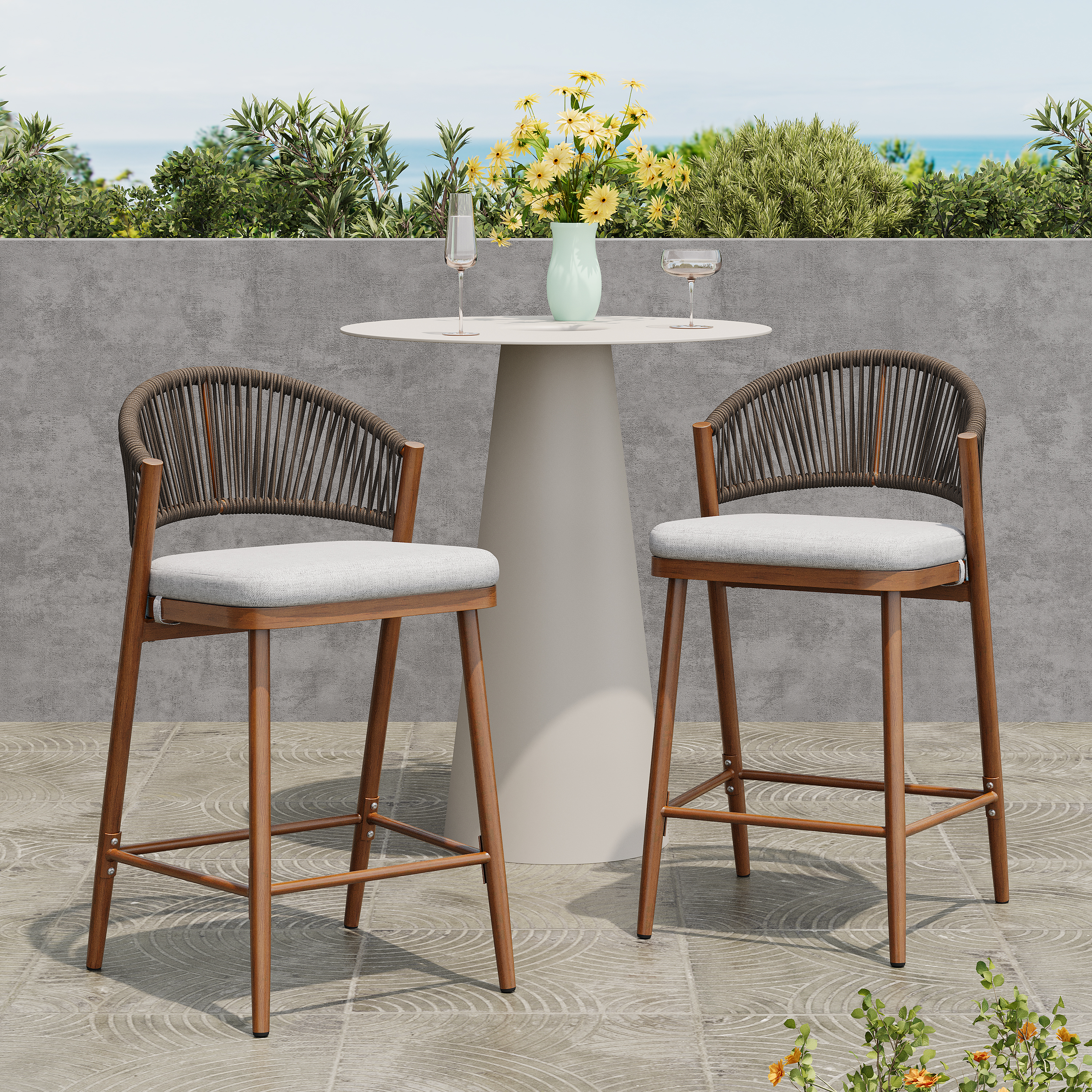 Outdoor 26 Seat Height Aluminum Frame Counter Stools With PE Rattan Scallop-shaped Backrest, Set Of 2, Teak Finish