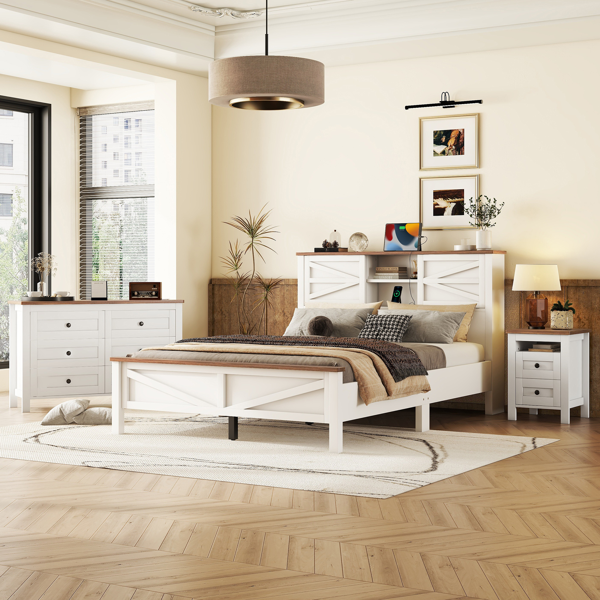 3-Pieces Bedroom Sets Queen Size Farmhouse Platform Bed With Double Sliding Door Storage Headboard, Storage Nightstand And Dresser, White Brown Old SKU HL000092AAK