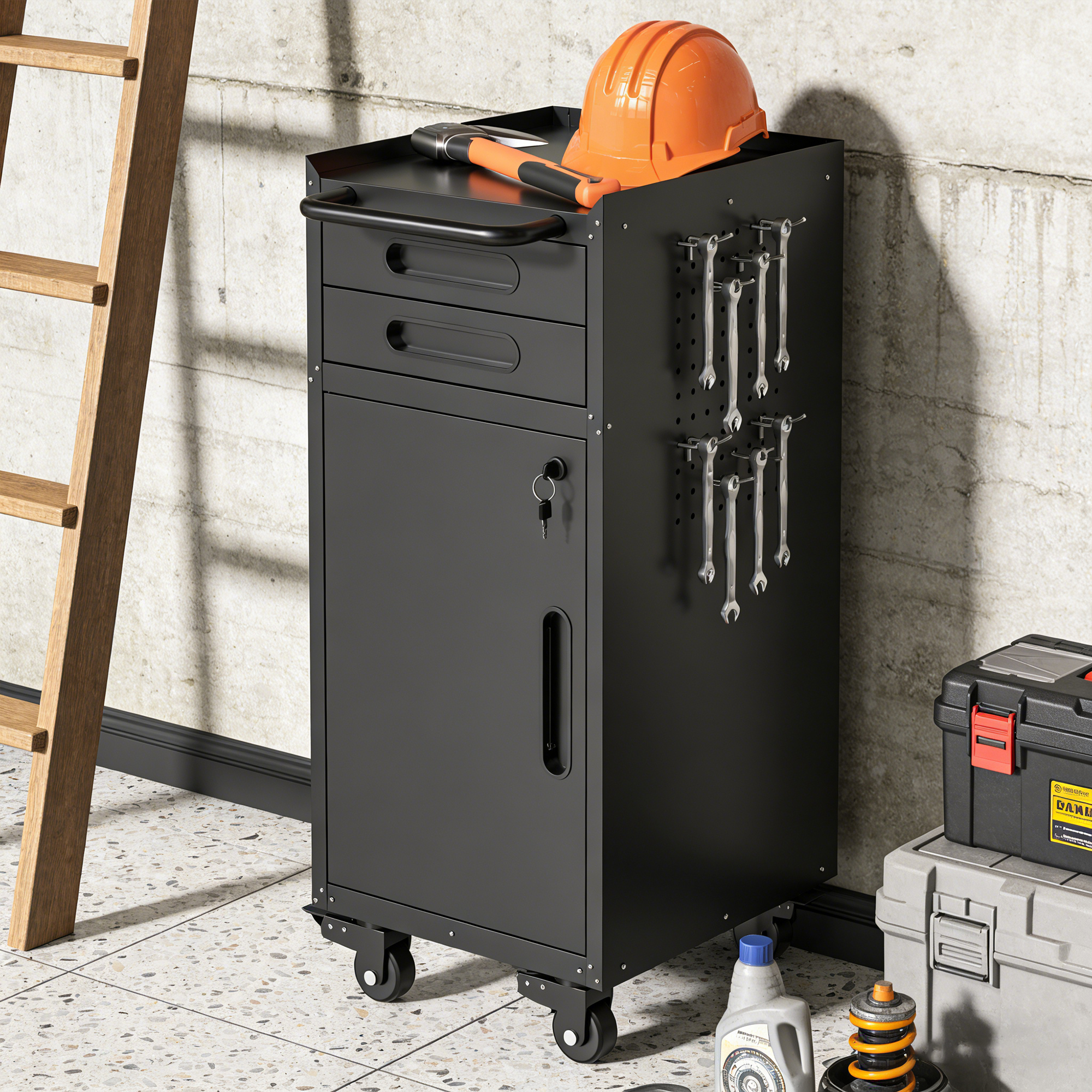 34.3 Narrow Rolling Tool Cabinet - Space-Saving Garage Storage With Lockable Door, 2 Drawers And Large Handle, Slim Metal Organizer For Tight Spaces