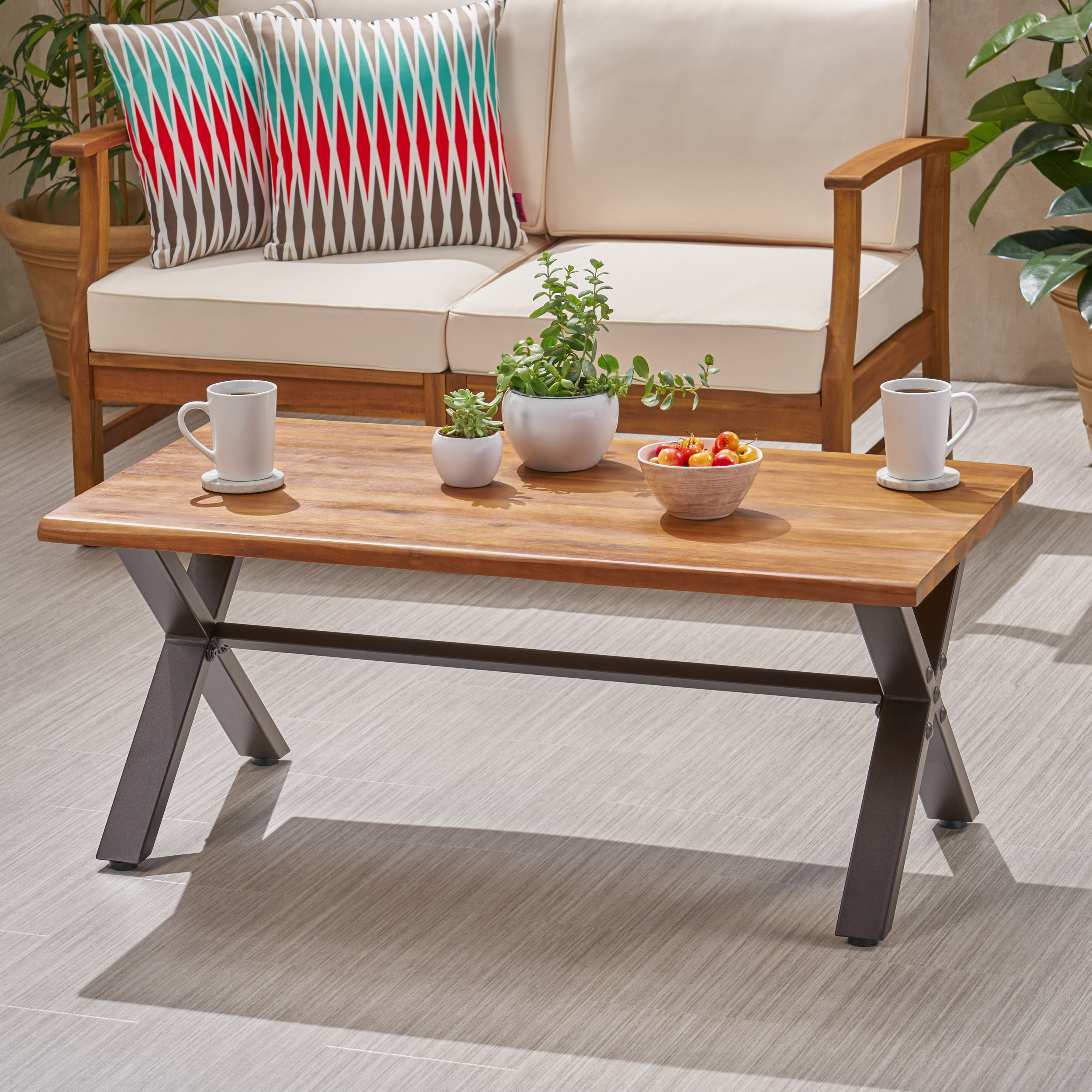 Outdoor Acacia Wood Coffee Table, Teak Finish Rustic Metal,Black And Brown, 18 H X 27.25 W X 43.25 L