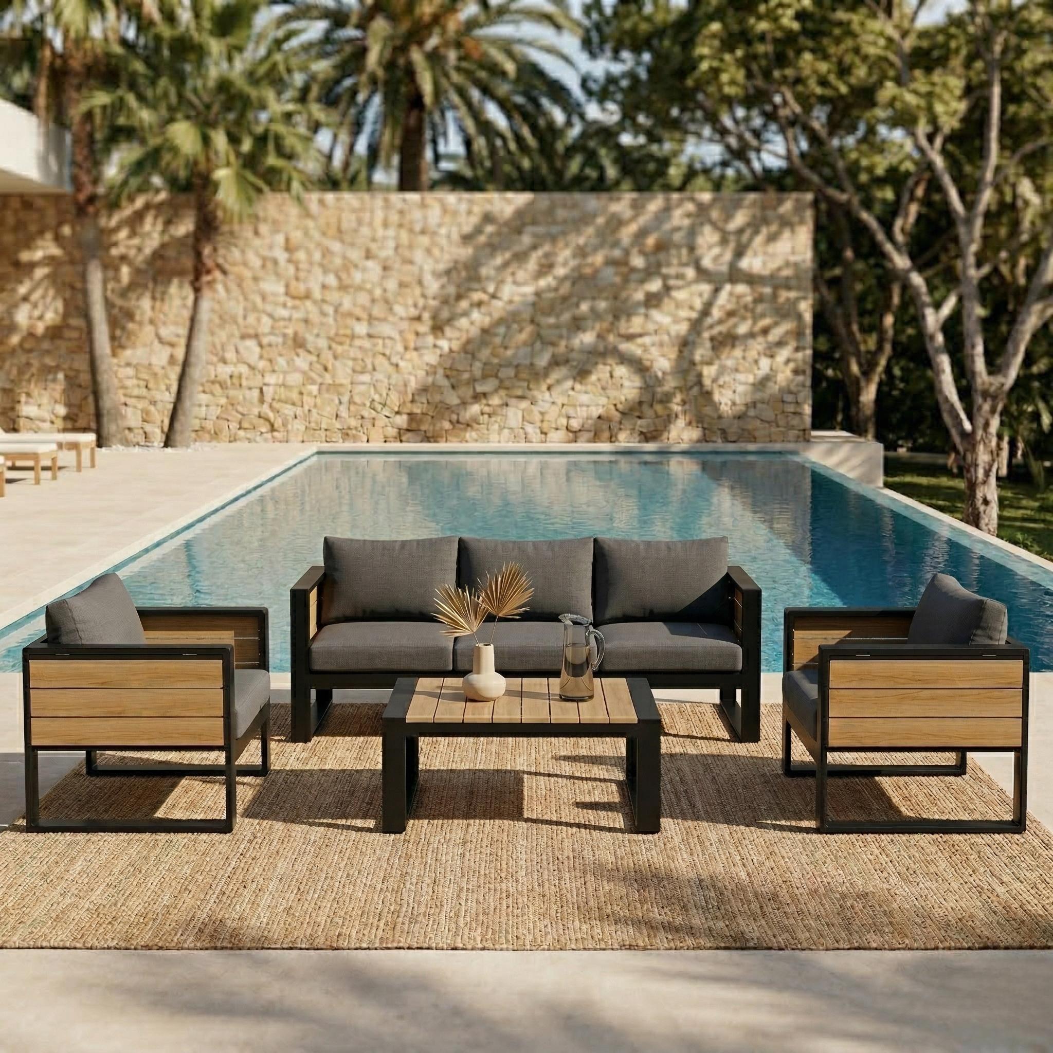 Large 4-Piece Outdoor Patio Furniture Set For 5 Person, 3-Seater Sofa, 2 Armchairs With Fold-Out Side Tables, Aluminum Frame & Plastic-Wood , Modern Garden Patio Seating, Grey Cushions