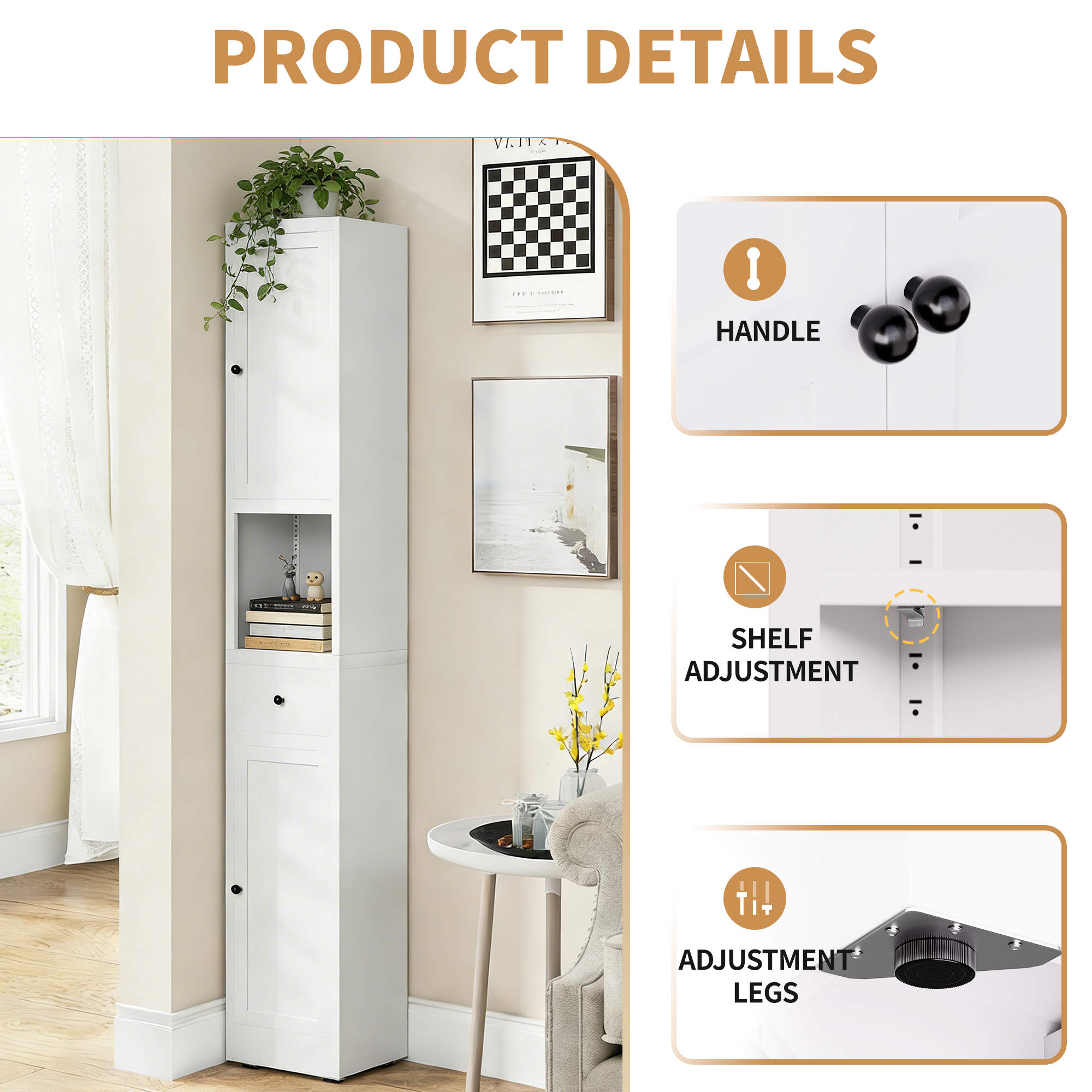 71 Inch Tall Bathroom Storage Cabinet, 5-Tier Narrow Metal Cabinet With 2 Doors & Adjustable Shelves, Freestanding Cabinet For Space Saving In Kitchen, Laundry Room, Pantry, White