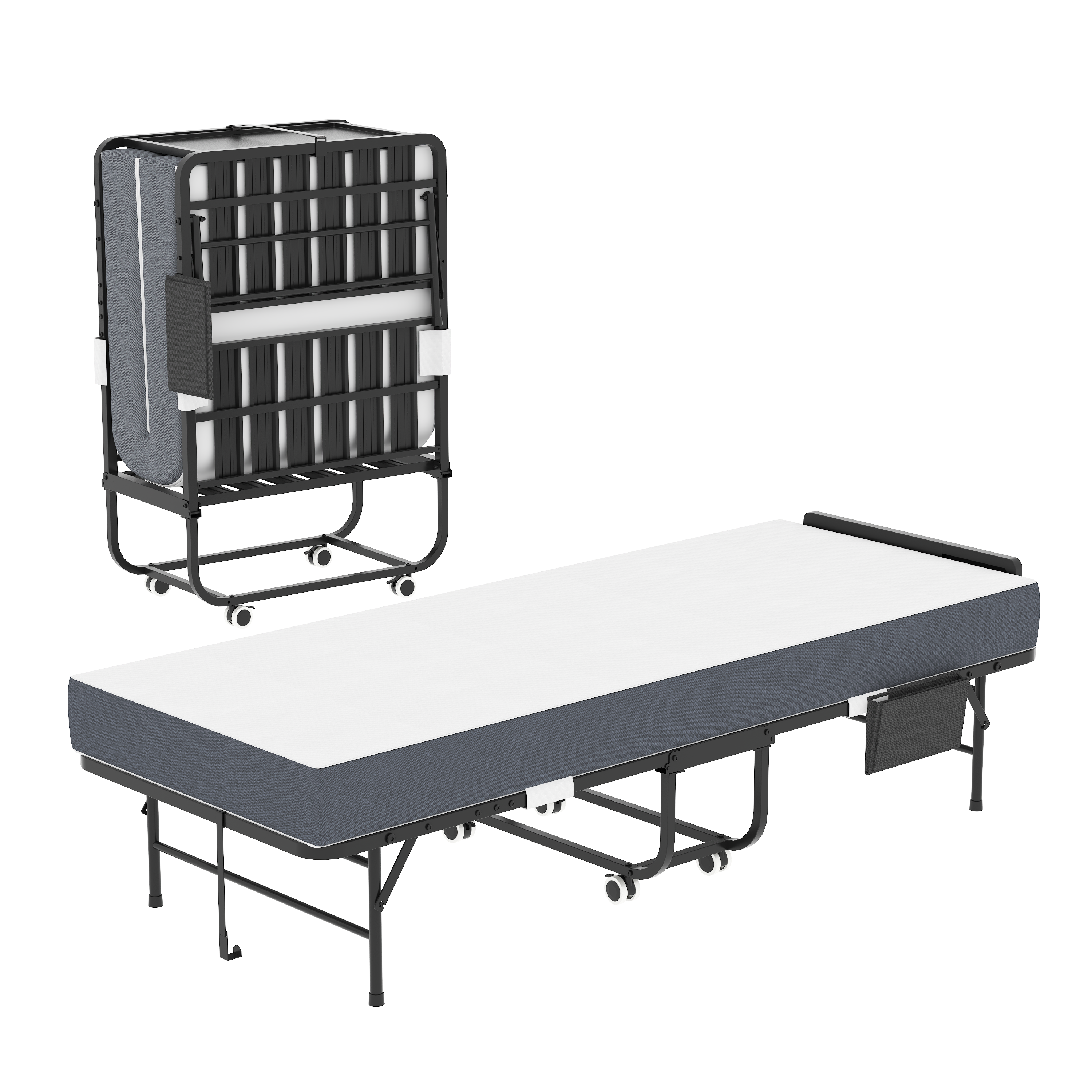 75 Folding Bed With Adjustable Headboard & 5 Memory Foam, Space Saving Rollaway Guest Bed For Tall People, Portable Twin Cot On Wheels, Easy Assembly