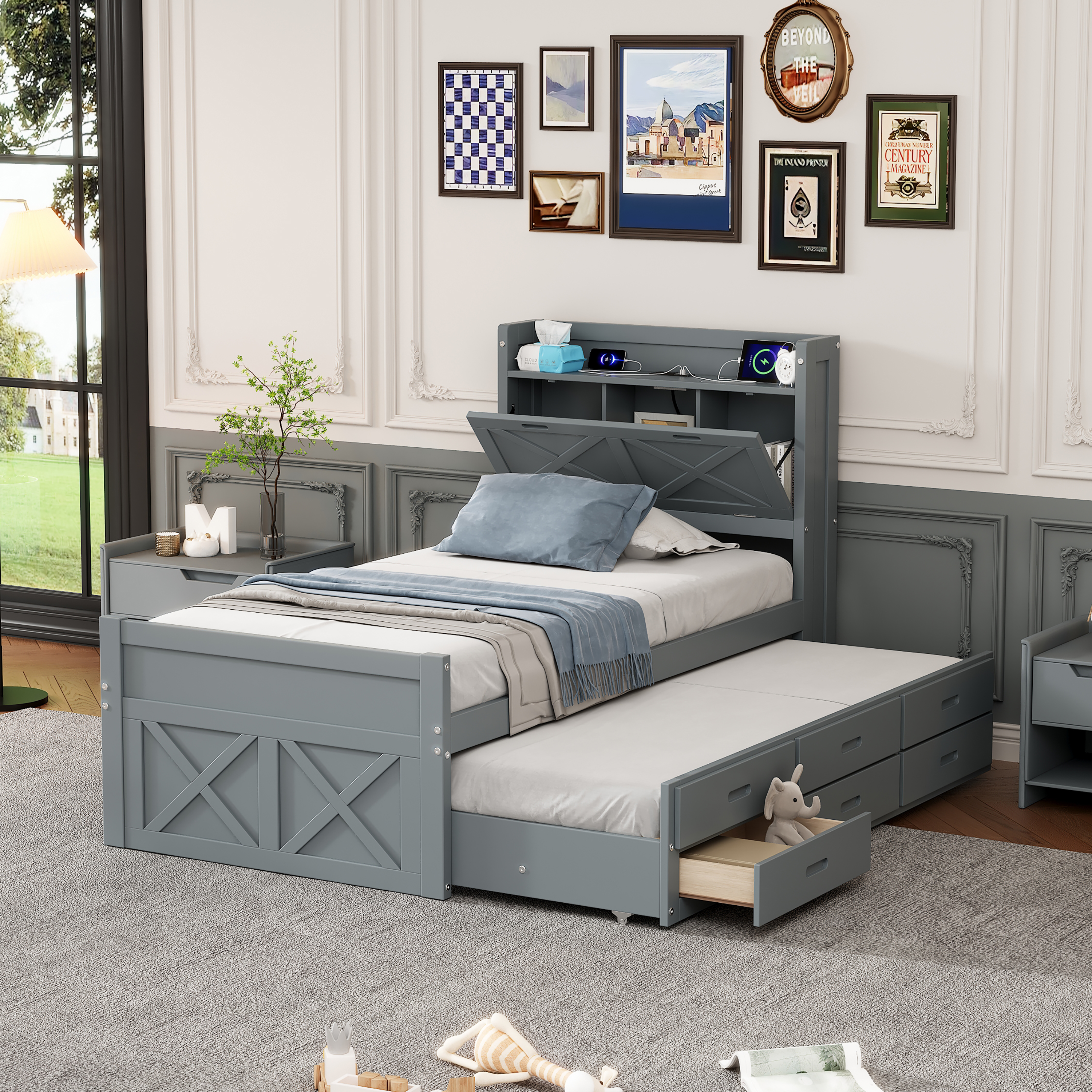 Twin Size Wooden Bed With Storage Headboard With Outlets, Extendable Bed With Twin Size Trundle With Three Storage Drawers,Gray