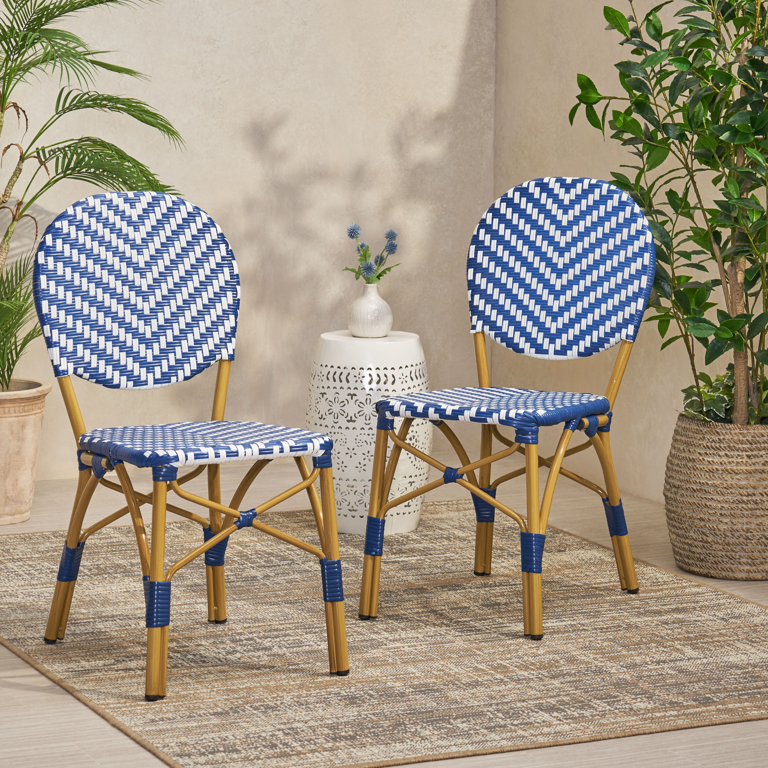 Outdoor PE Ratten And Aluminum French Armless Bistro Chairs, Set Of 2, Navy Blue, Bamboo Print Finish