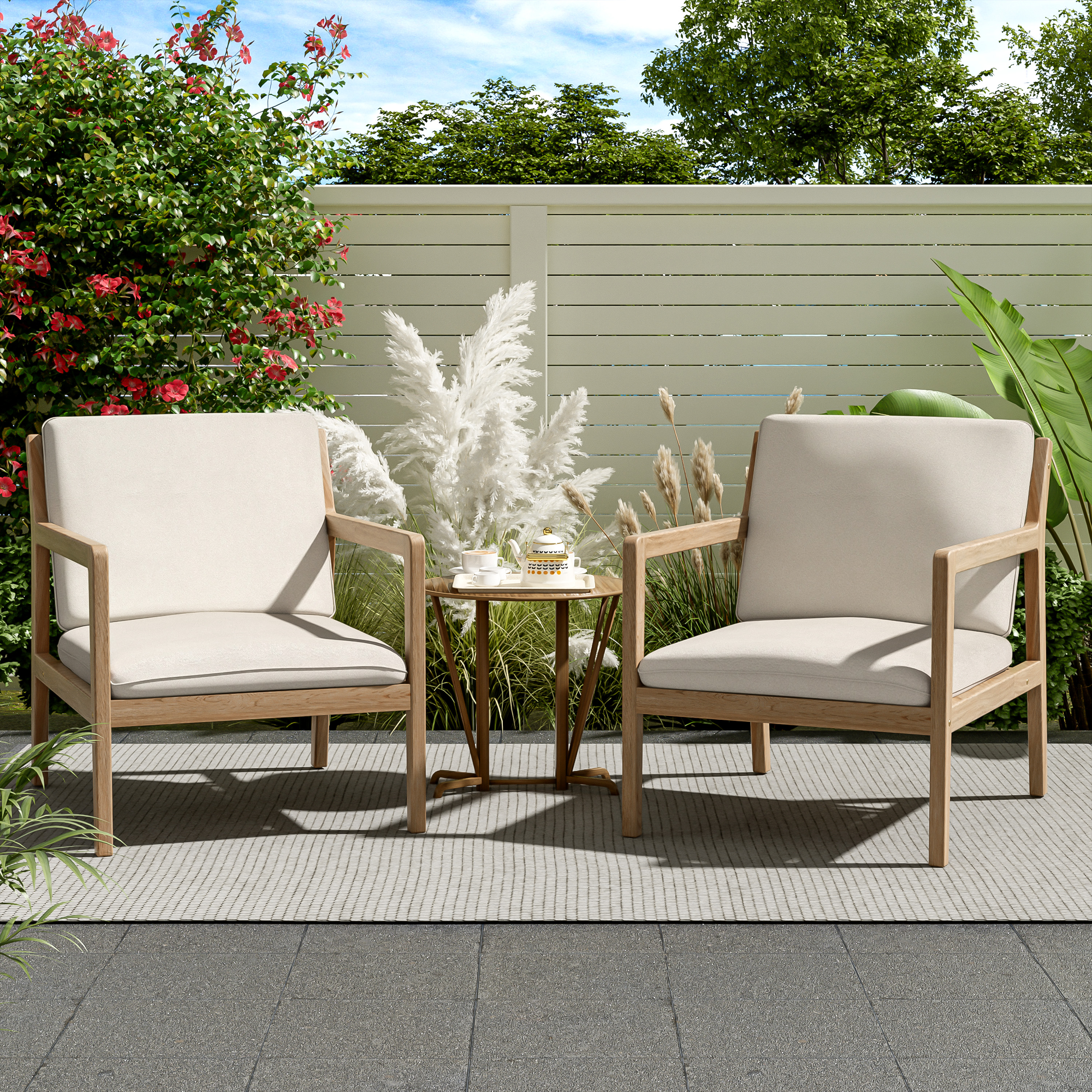 Outdoor Acacia Wood Armchair, Set Of 2, Patio Club Chair With Cushions, Light Teak