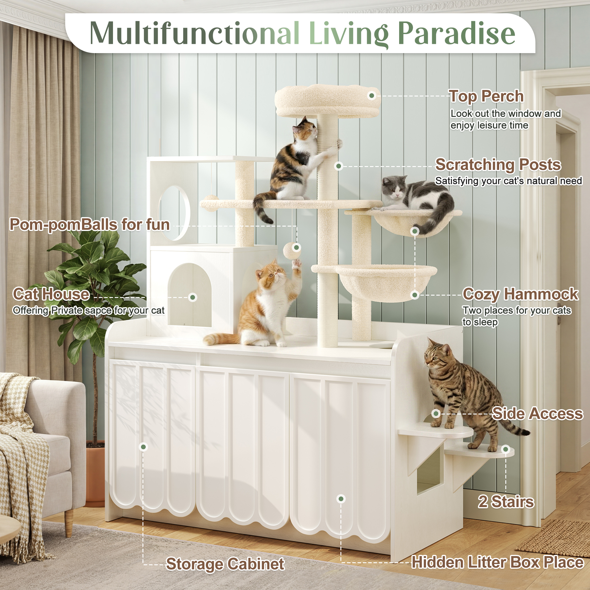 50.6  Cat Tree With Litter Box Enclosure, 5Cat Tower With Sisal Scratching Post And Storage Space, Hidden Litter Enclosure Furniture, All-in-One Modern Cat Condo With House, Hammock And Perch, White