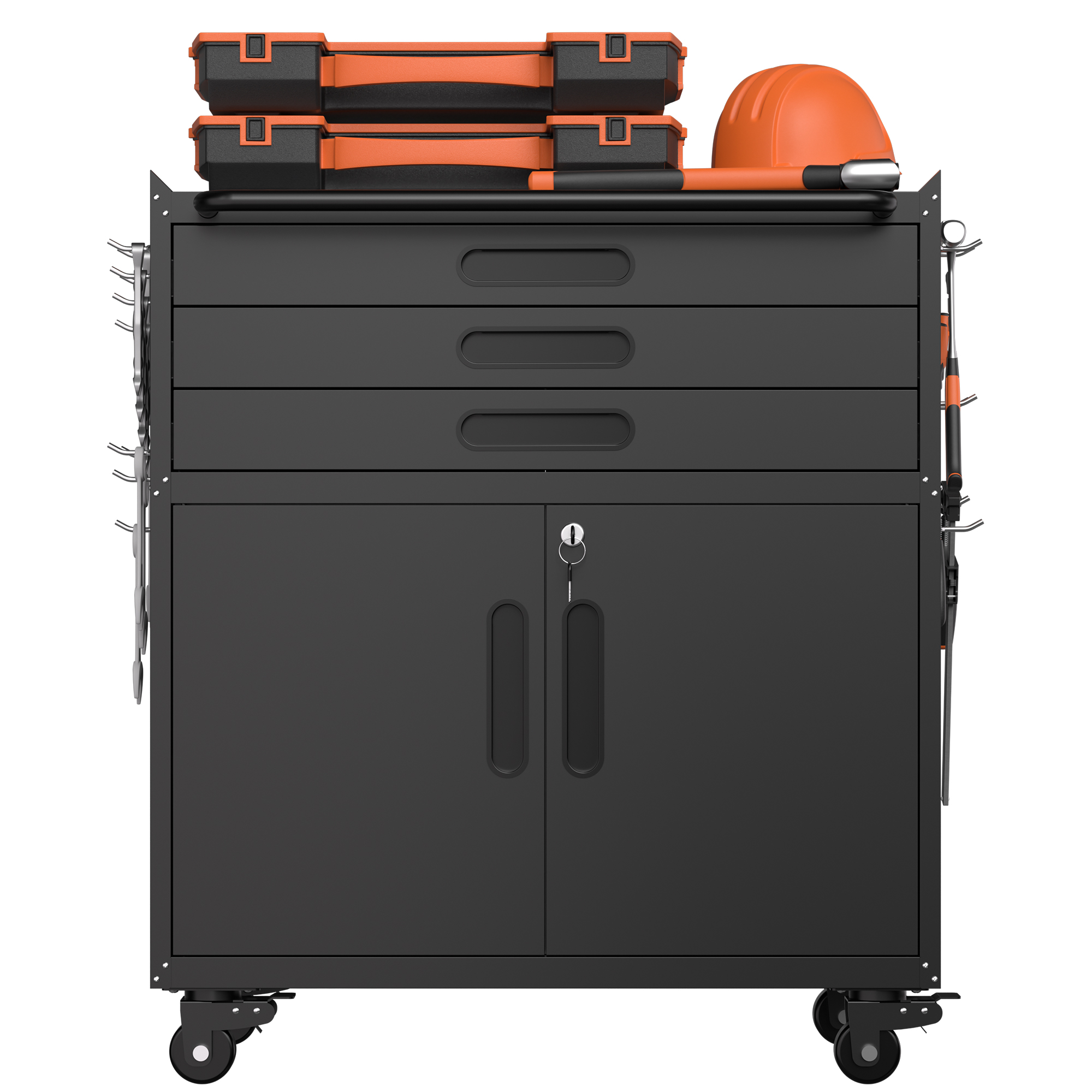 34.3 Rolling Metal Tool Cabinet - Heavy Duty Garage Storage With Lockable Doors & 3 Drawers, Mobile Workbench Organizer For Garage, Workshop, Home