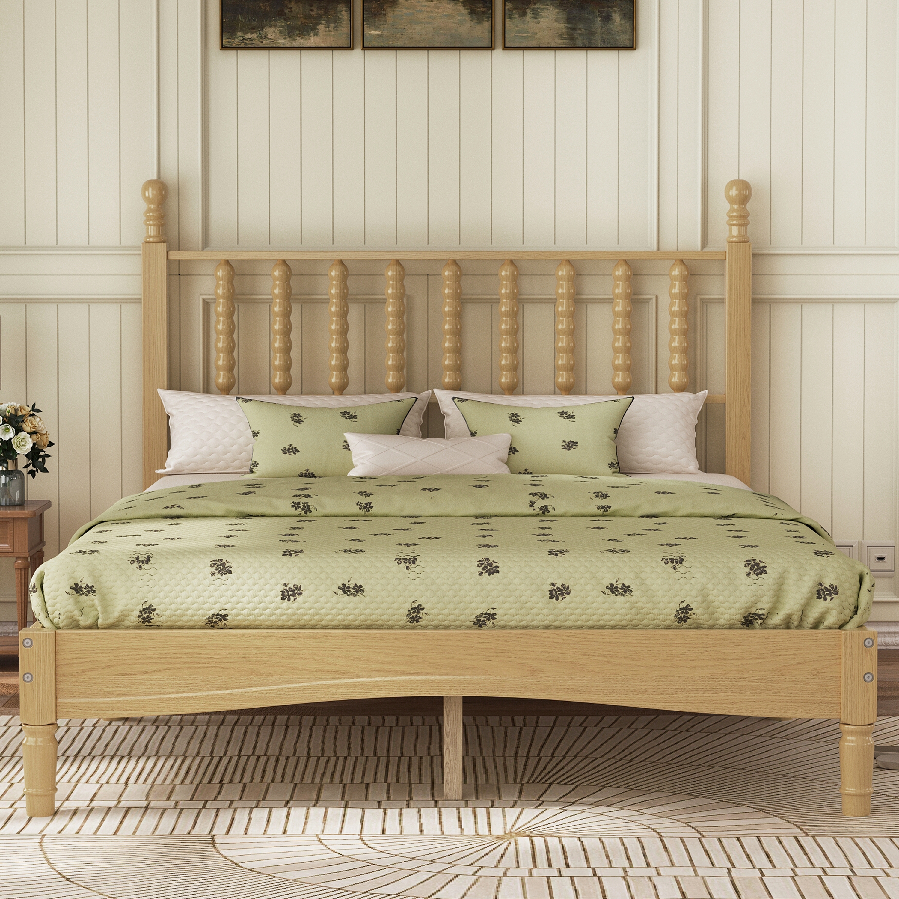 Full Size Wood Platform Bed With Gourd Shaped Headboard,Retro Style Platform Bed With Wooden Slat Support,Natural