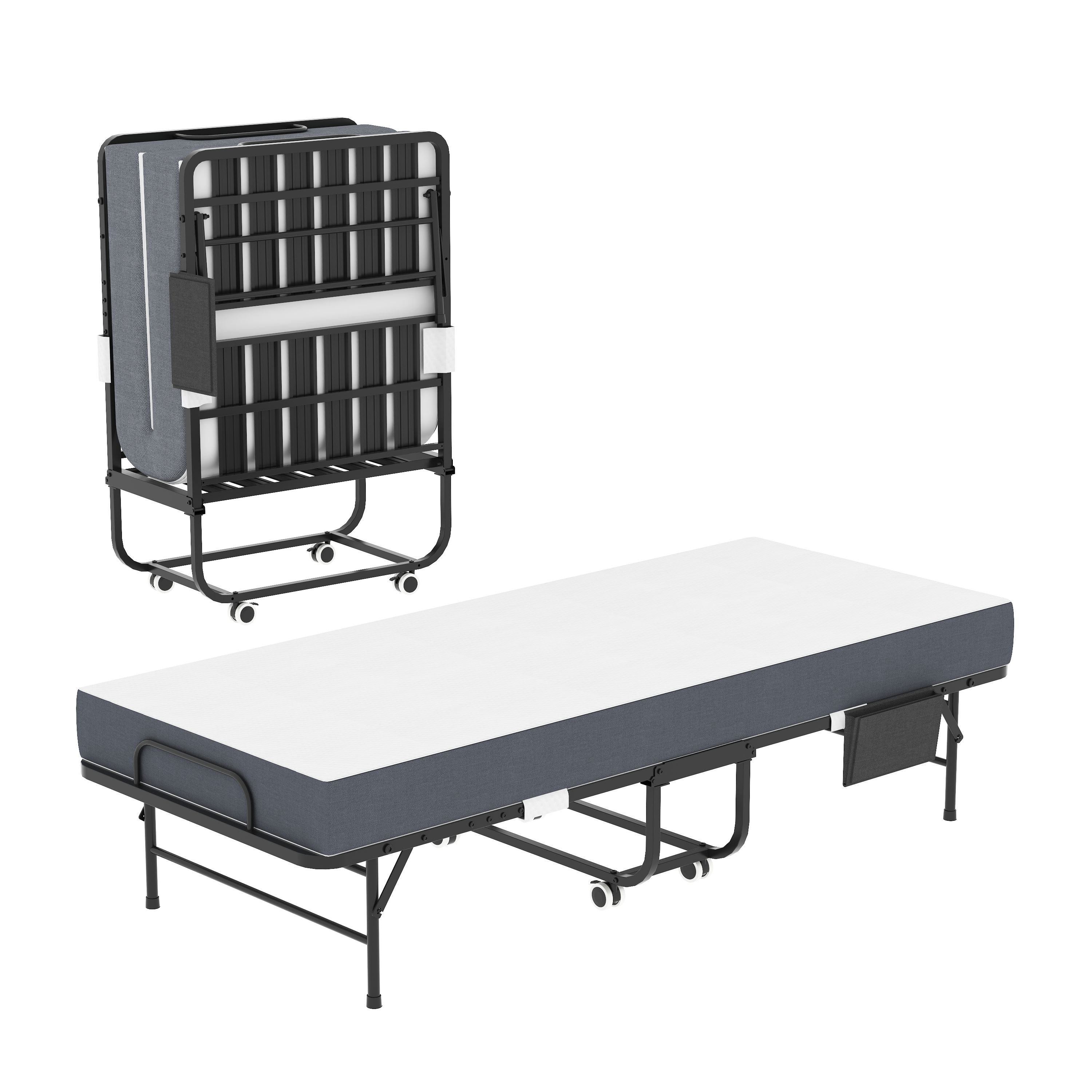 75 Inch Folding Bed With 5 Memory Foam Mattress, Space Saving Rollaway Guest Bed, Heavy-Duty Metal Frame On Wheels, Portable Twin Bed For Adults & Guests