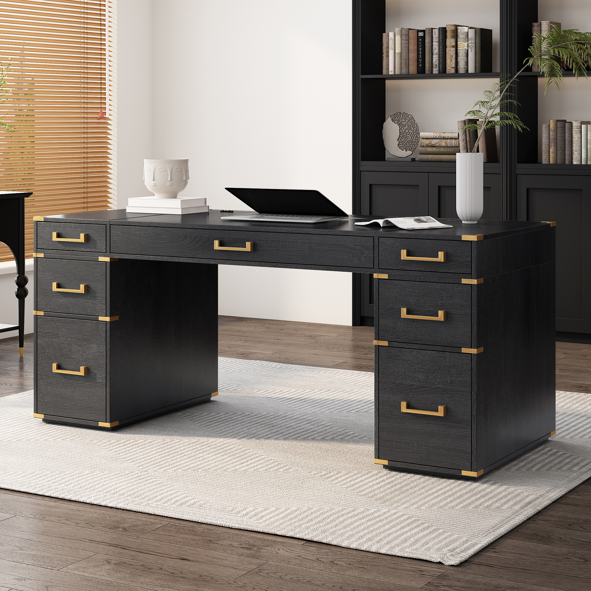 70 Extra-Large Classic And Traditional Executive Desk With Metal Edge Trim ,Writing Desk With 2 File Drawers,USB Ports And Outlets,Desk With Hidden Compartment For Living Room,Home Office,Study Room,