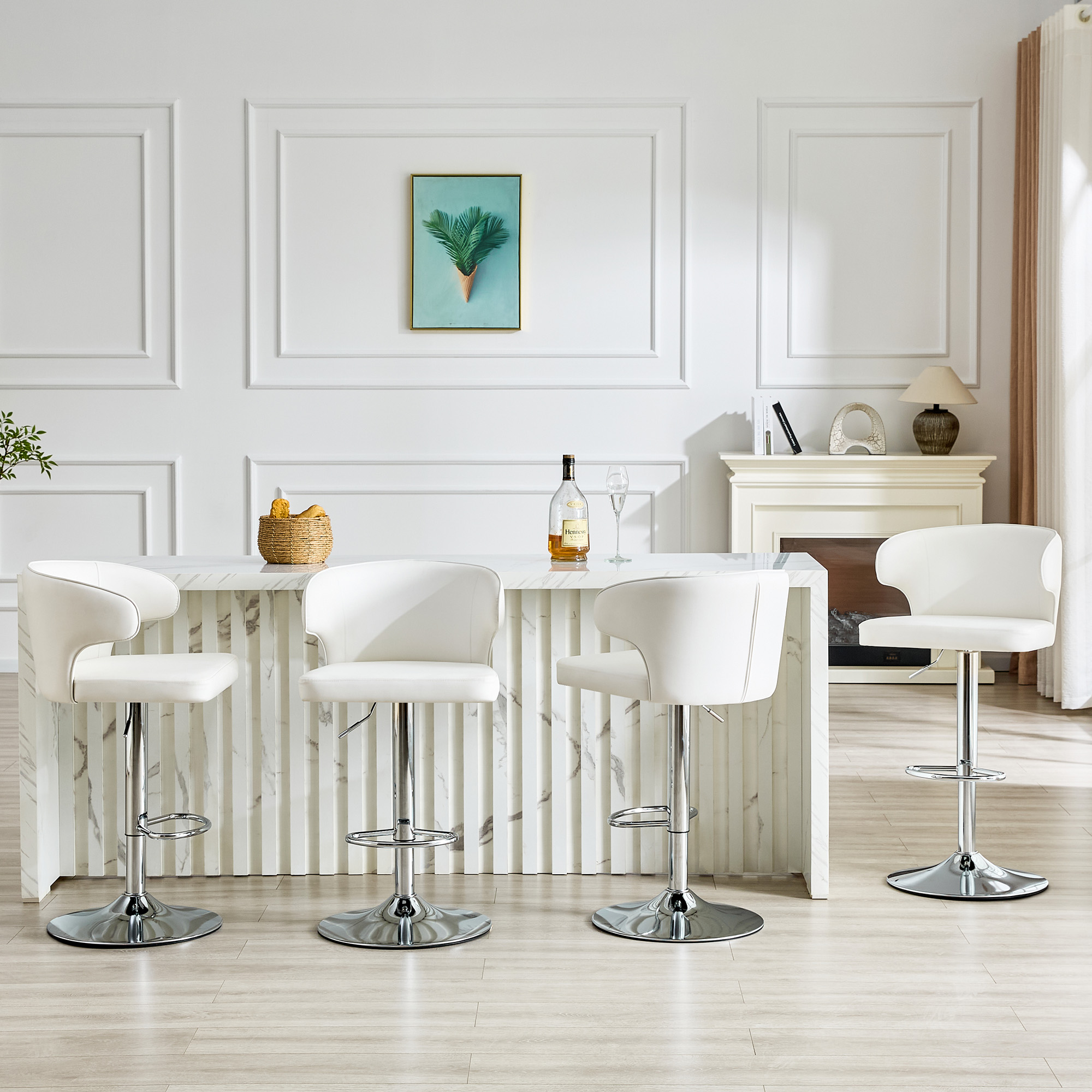 Modern Rotating Adjustable Bar Chair, PU Leather Belt Backrest Swivel Chair, Suitable For Kitchen Bar Counter And Dining Room, Adjustable Height, Capable Of Bearing 300 Pounds White -4 Pieces