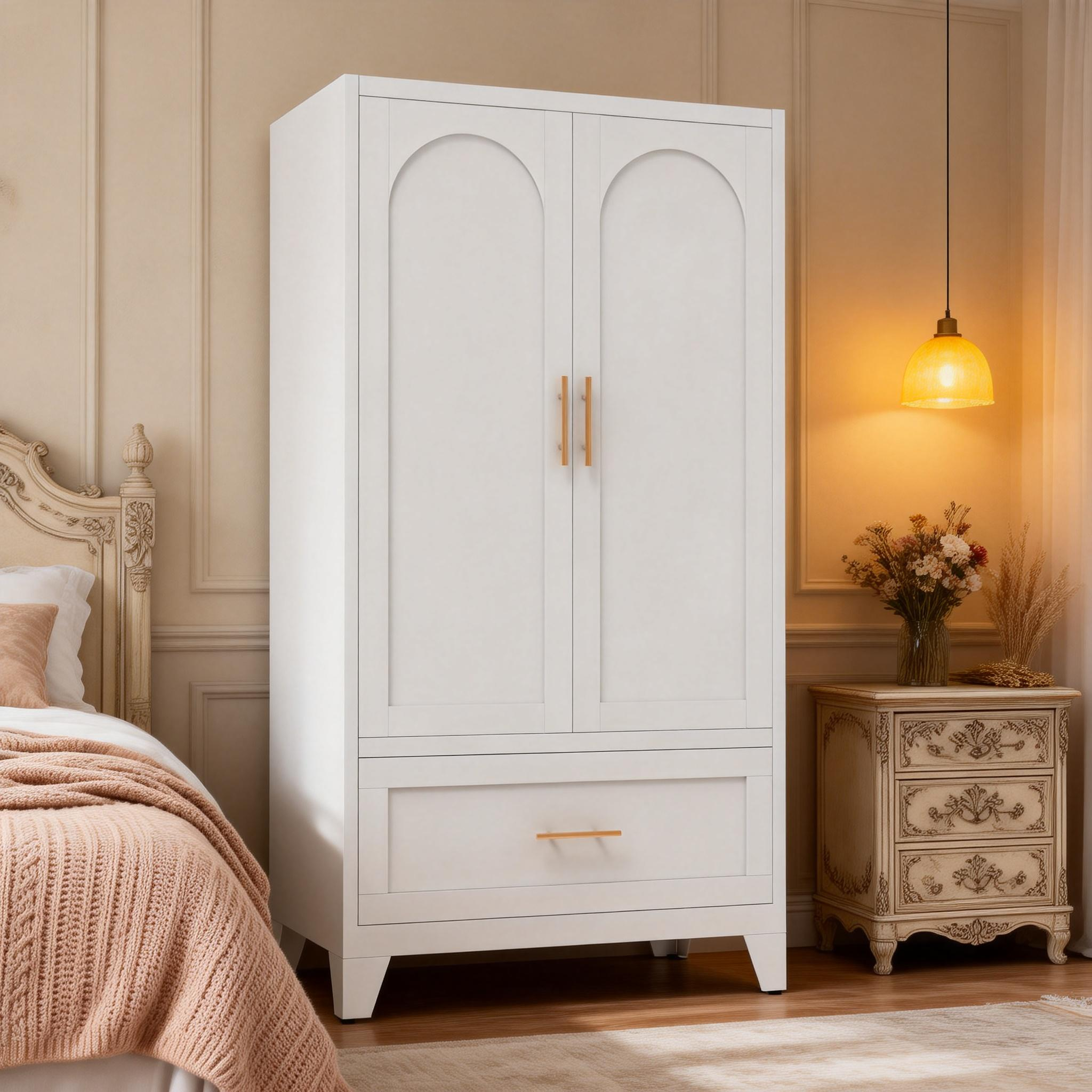 60 Tall Metal Wardrobe Cabinet With 1 Drawer And Hanging Rod, 2 Doors Wardrobe Closet With Shelf For Bedroom, Office, Laundry Room,Entryway ,Foyer,Guesthouse White