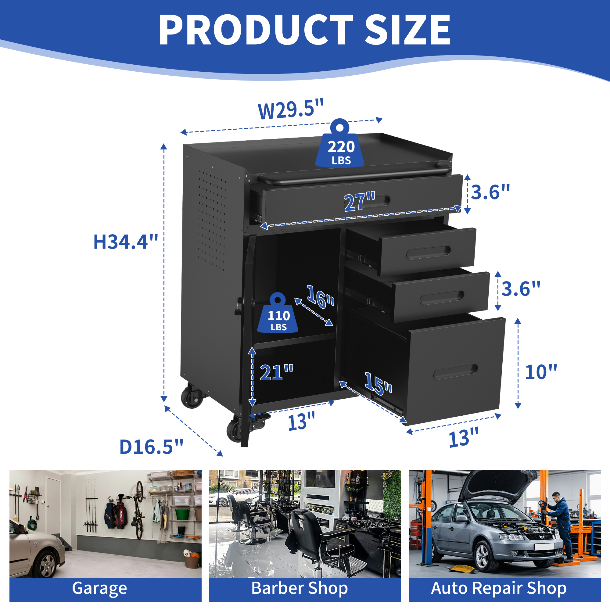 34.3 Mobile Tool Storage Cabinet - Garage Organizer With Lockable Compartment & 4 Drawers, Rolling Steel Chest For Workshop And Home Garage detail