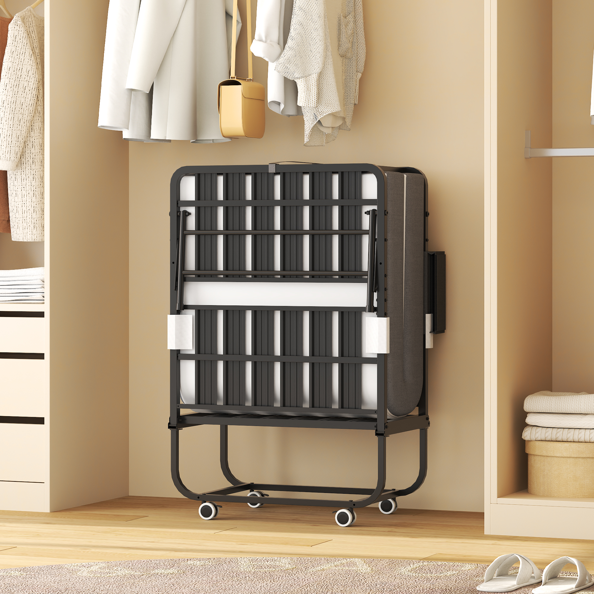 75 Folding Bed With Adjustable Headboard & 5 Memory Foam, Space Saving Rollaway Guest Bed For Tall People, Portable Twin Cot On Wheels, Easy Assembly