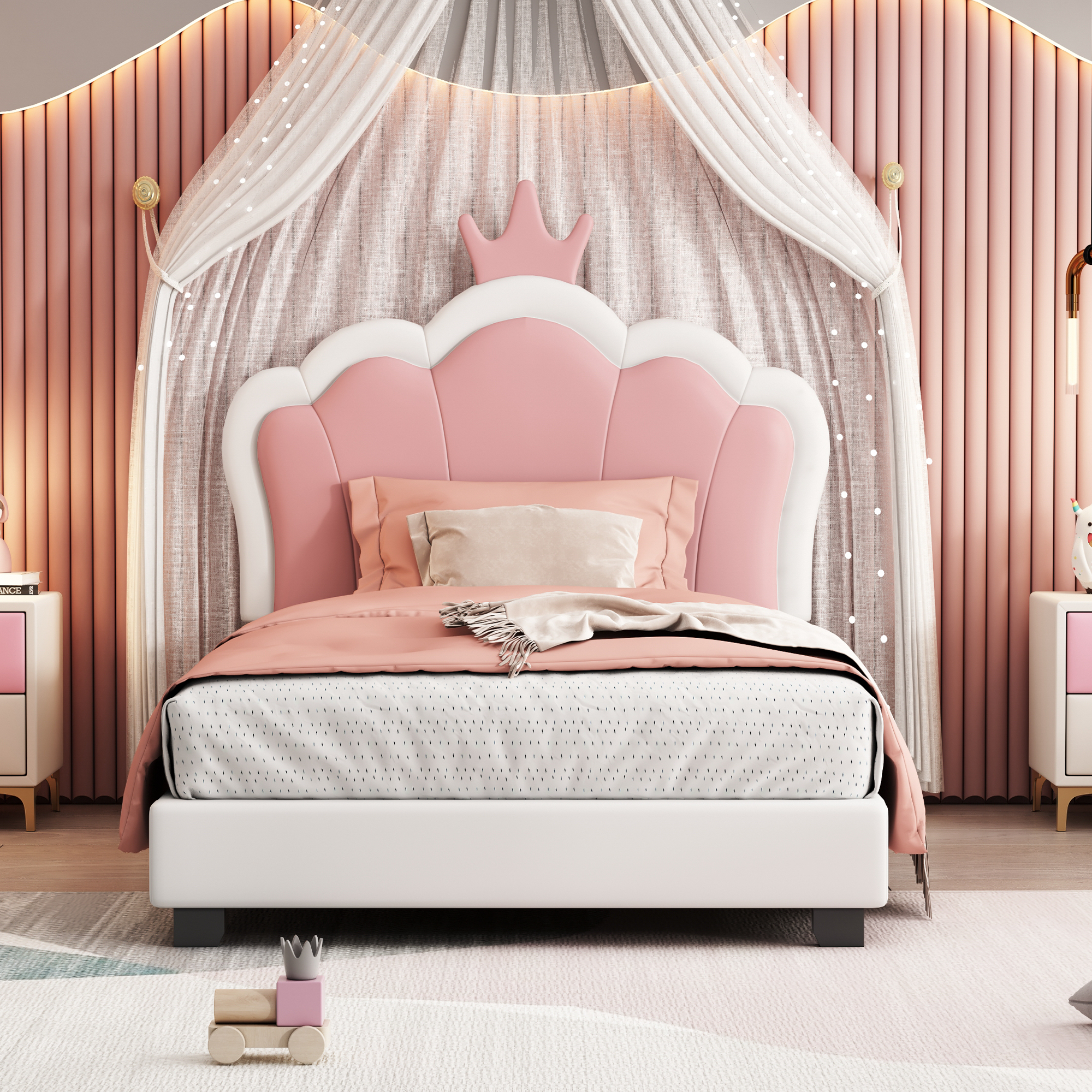 Twin Size Upholstered Princess Bed With Crown Headboard,Twin Size Platform Bed With Headboard And Footboard, Cream Pink