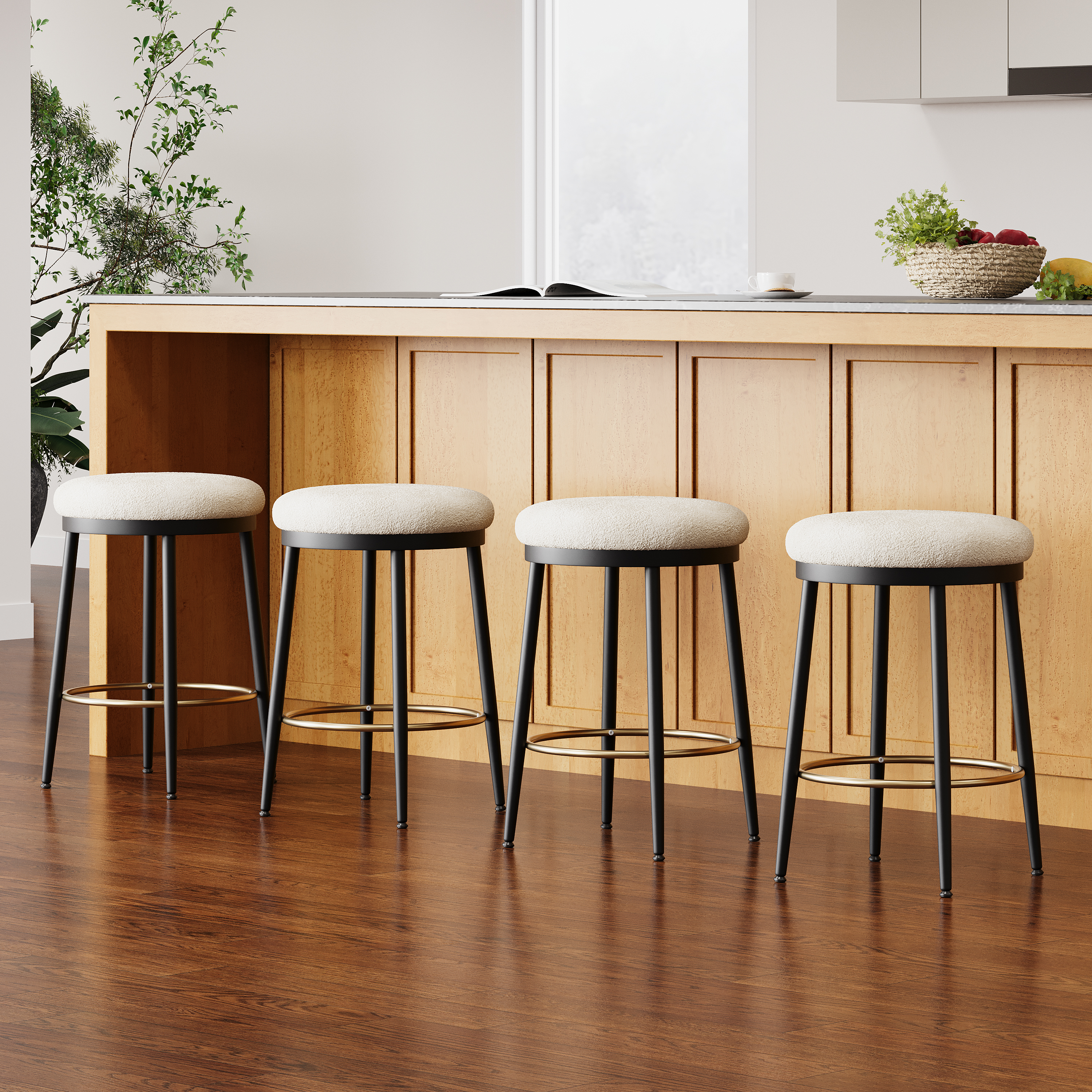 24.75 Modern Counter Stools Set Of 4,White Counter Stools With Iron Frame,Sponge Cushion,Footrest,suitable For Kitchen Bedroom Dining Room.