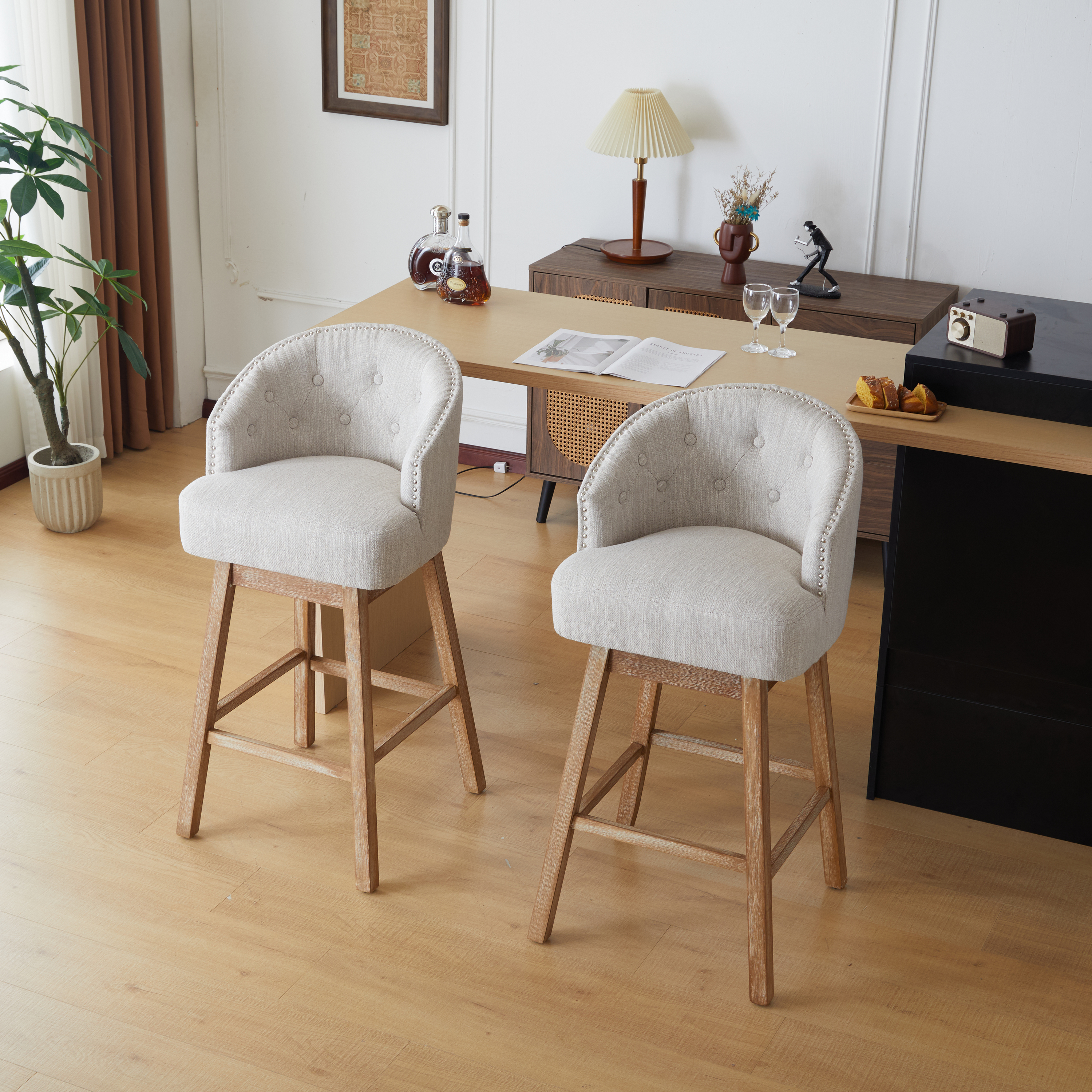 33.25 Swivel Counter Stools Set Of 2, Upholstered Counter Height Bar Stools With Solid Rubber Wood Frame, Backrest, Footrest, Armless Barstools For Home Bar, Kitchen Counter, Natural Beige
