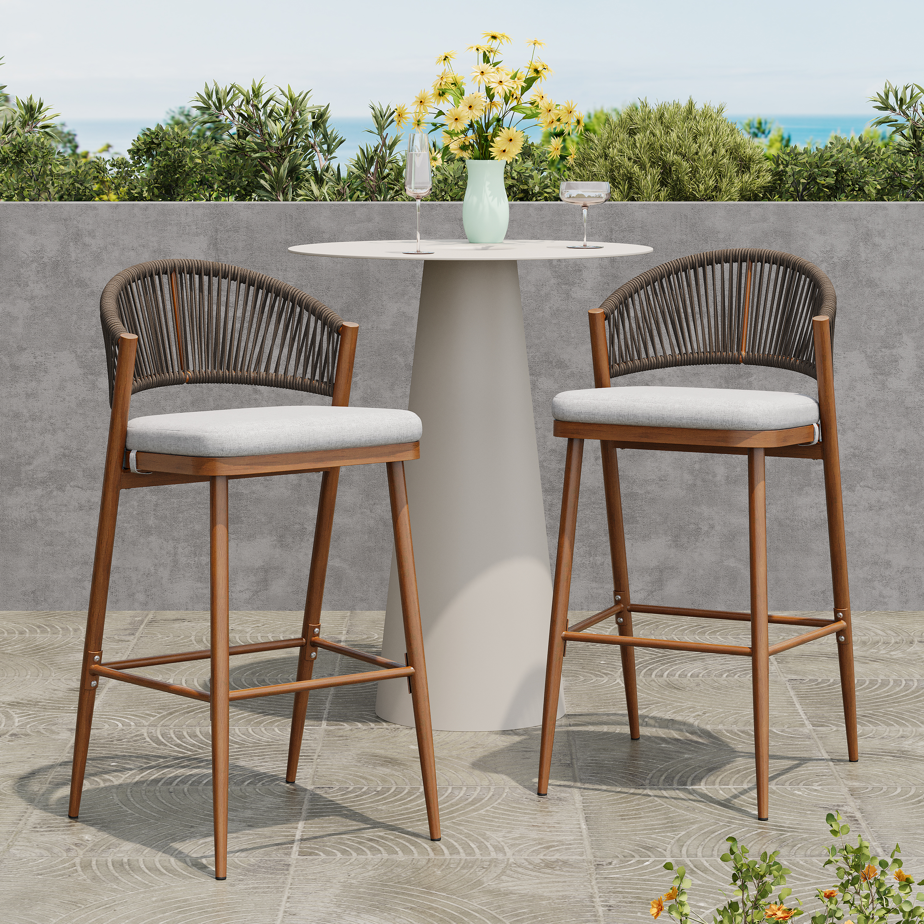 Outdoor 30.25 Seat Height Aluminum Frame Barstools With PE Rattan Scallop-shaped Backrest, Set Of 2, Teak Finish