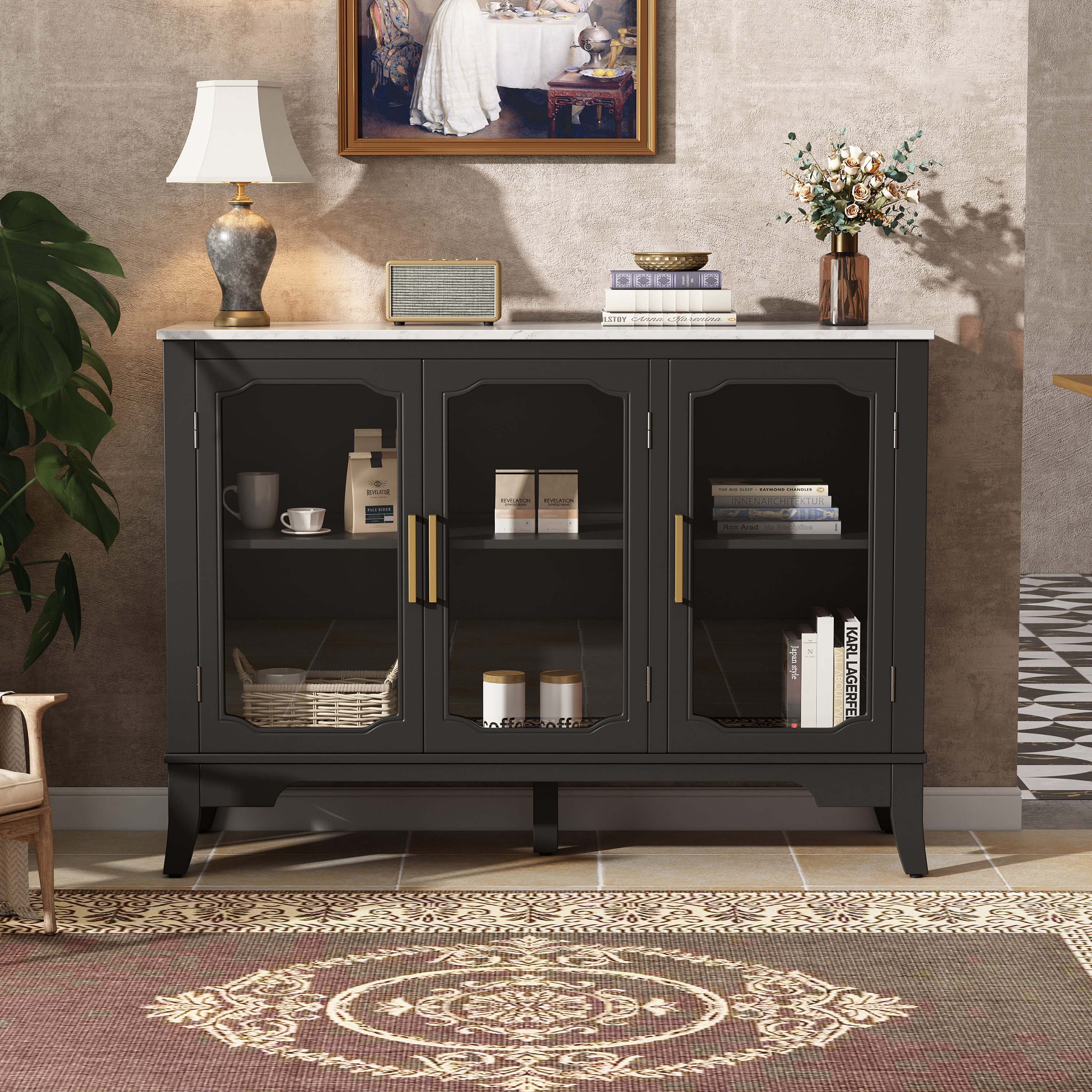 Storage Cabinet In The Entrance To The Living And Dining Room, Large Storage Space, 3 Doors, Stylish Style, Black And White