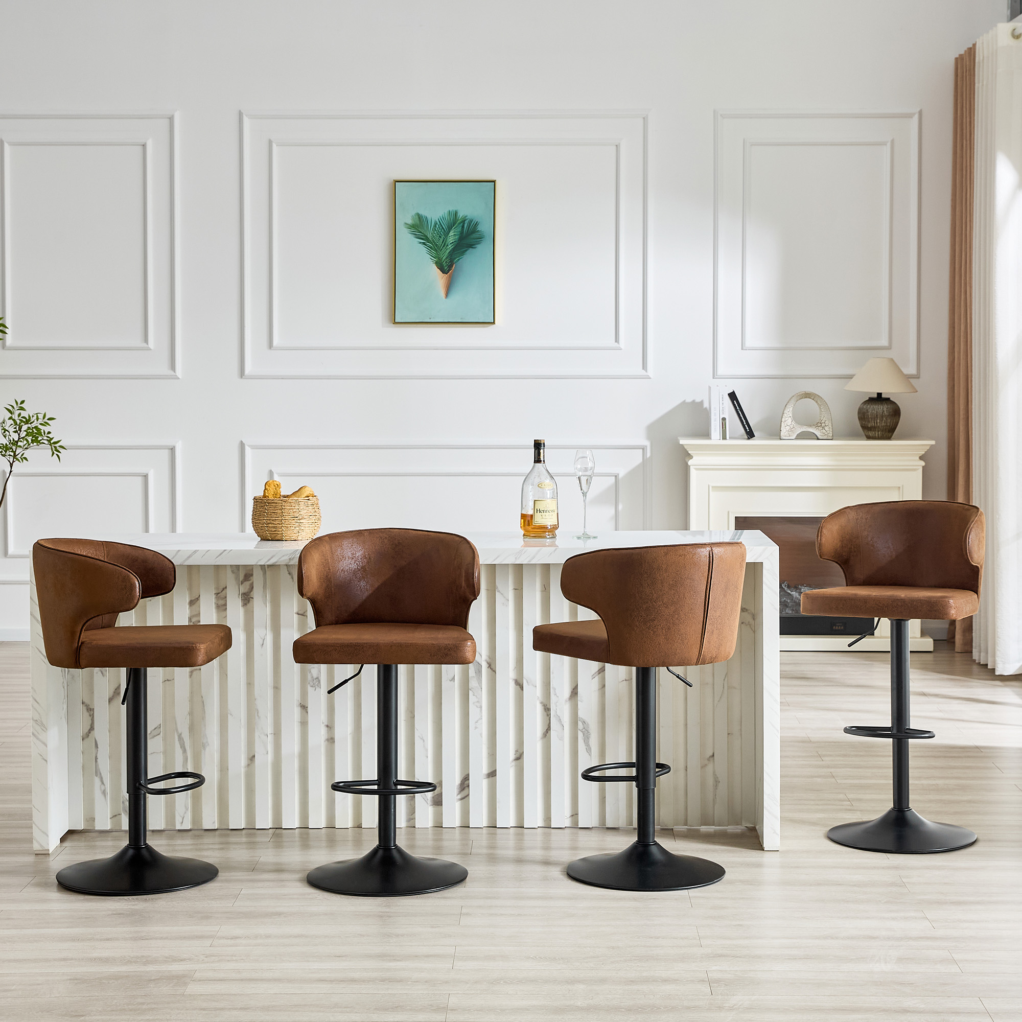Modern Rotating Adjustable Bar Chair, Suede With Backrest Swivel Chair, Suitable For Kitchen Bar And Dining Room, Height Adjustable, Load-bearing Up To 300 Pounds Brown -4 Pieces