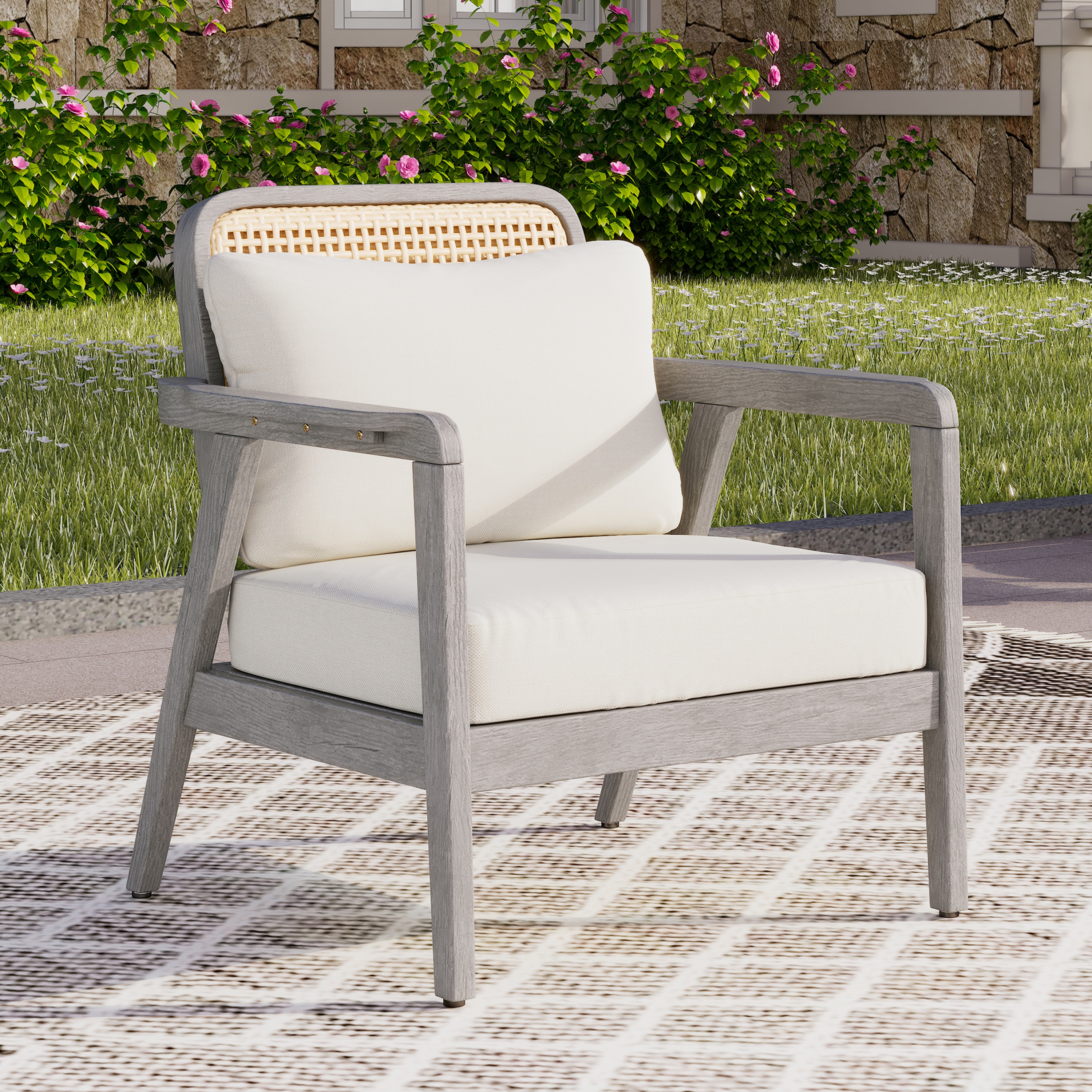 Outdoor Acacia Wood Patio Club Chair, Patio Furniture,Waterproof Thick Cushion Deep Seating For Porch, Garden, Backyard, Balcony, Weight Capacity 400lbs, Light Gray Finish, Cream Cushion