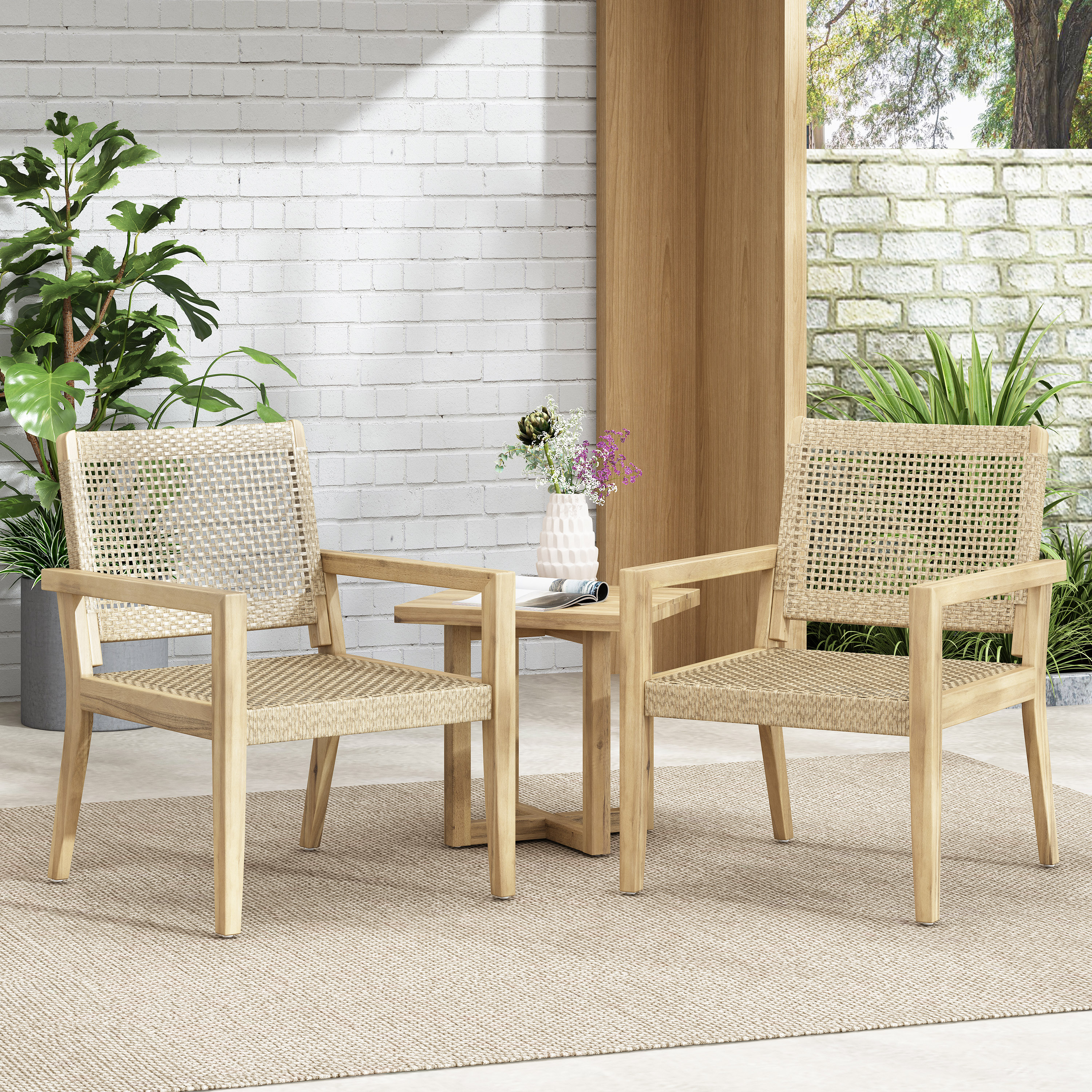 Outdoor Wicker And Acacia Wood Club Chairs, Set Of 2, Light Multibrown And Light Brown, 34 H X 25 W X 27.25 D