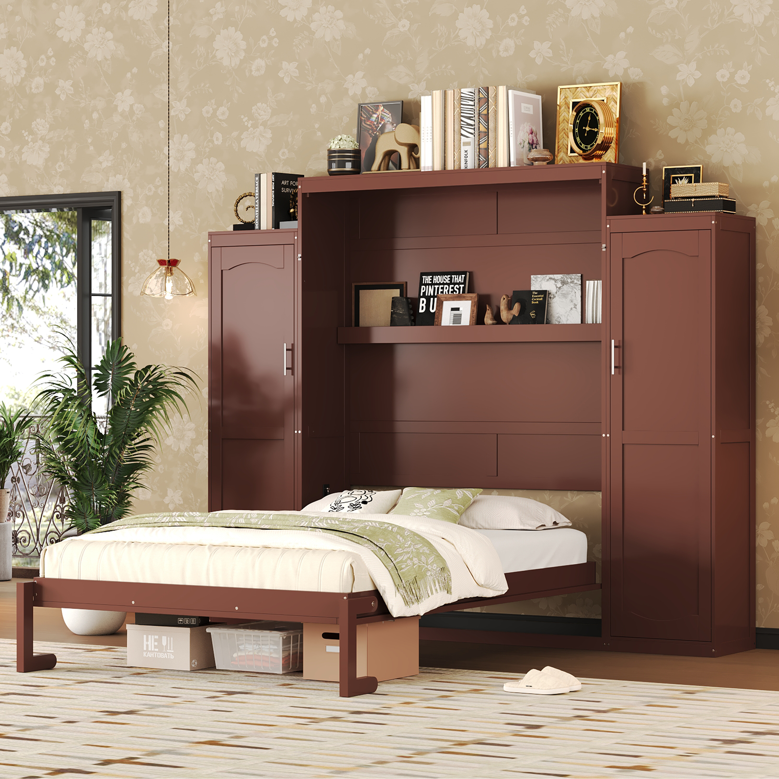 Queen Size Murphy Bed, Wooden Queen Wall Bed With 2 Wardrobe And Storage Shelf, Multifunctional Foldable Platform Bedframe For Guest-Room, Bedroom, Walnut