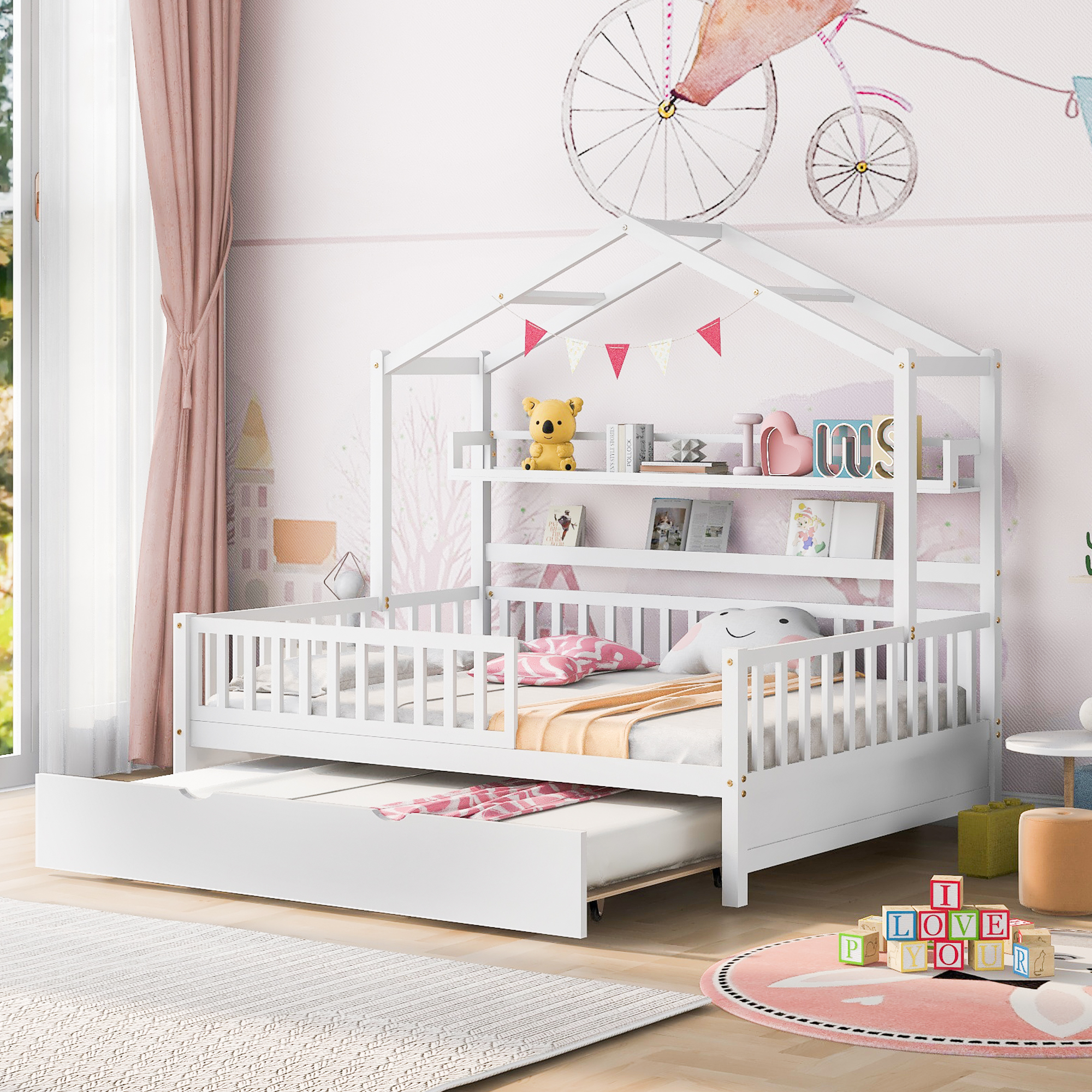 Wooden Full Size House Bed With Twin Size Trundle,Kids Bed