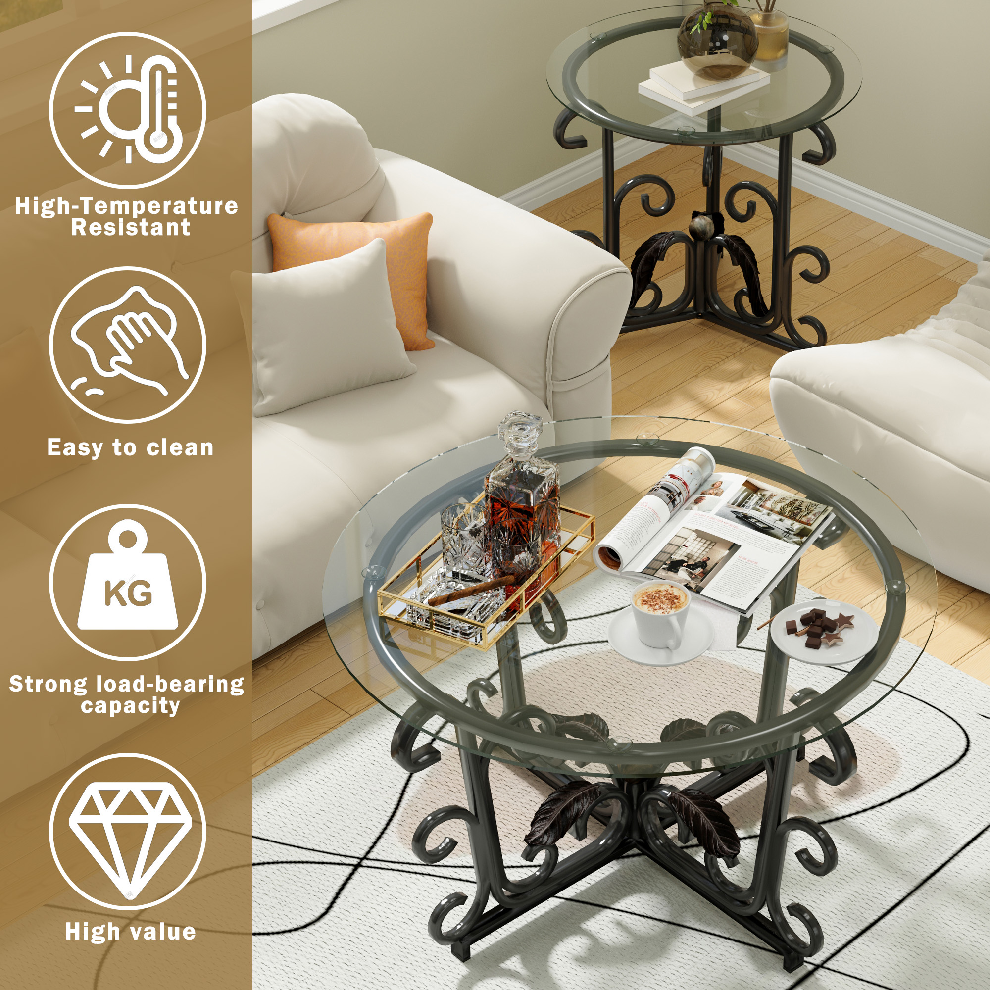 3-Piece Coffee Table Set, Tempered Glass Surface With Sturdy Metal Frame - Modern Living Room Sets  1 Coffee Table   2 End Tables , Scratch-Resistant & Easy To Clean For Small Spaces, Apartments