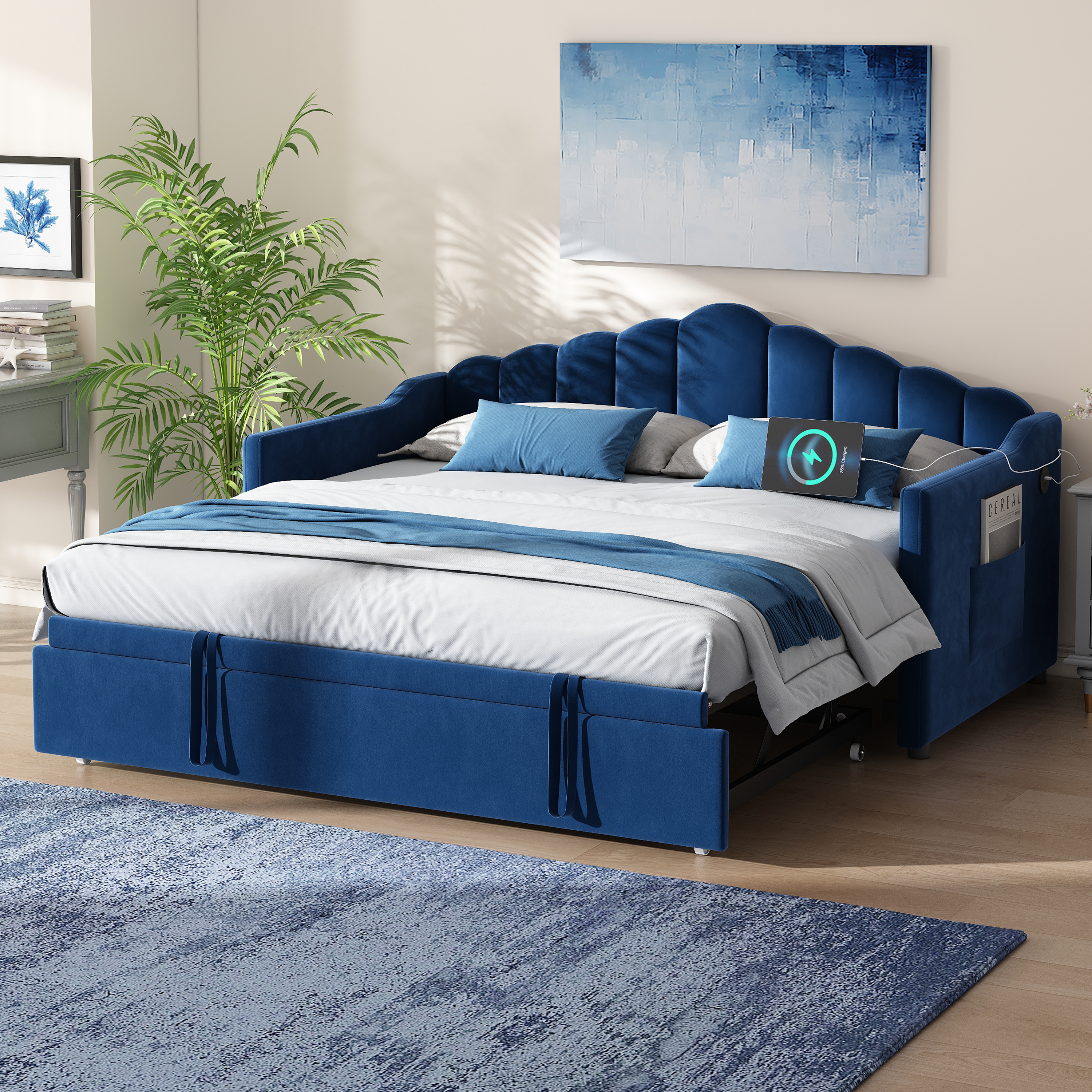 Upholstered Twin Size Daybed With Adjustable Height Pop Up Trundle Twin Bed And USB & Type-C Charging Port, Day Bed Frame With 2 Side Pockets, No Box-Spring Needed, Blue Old