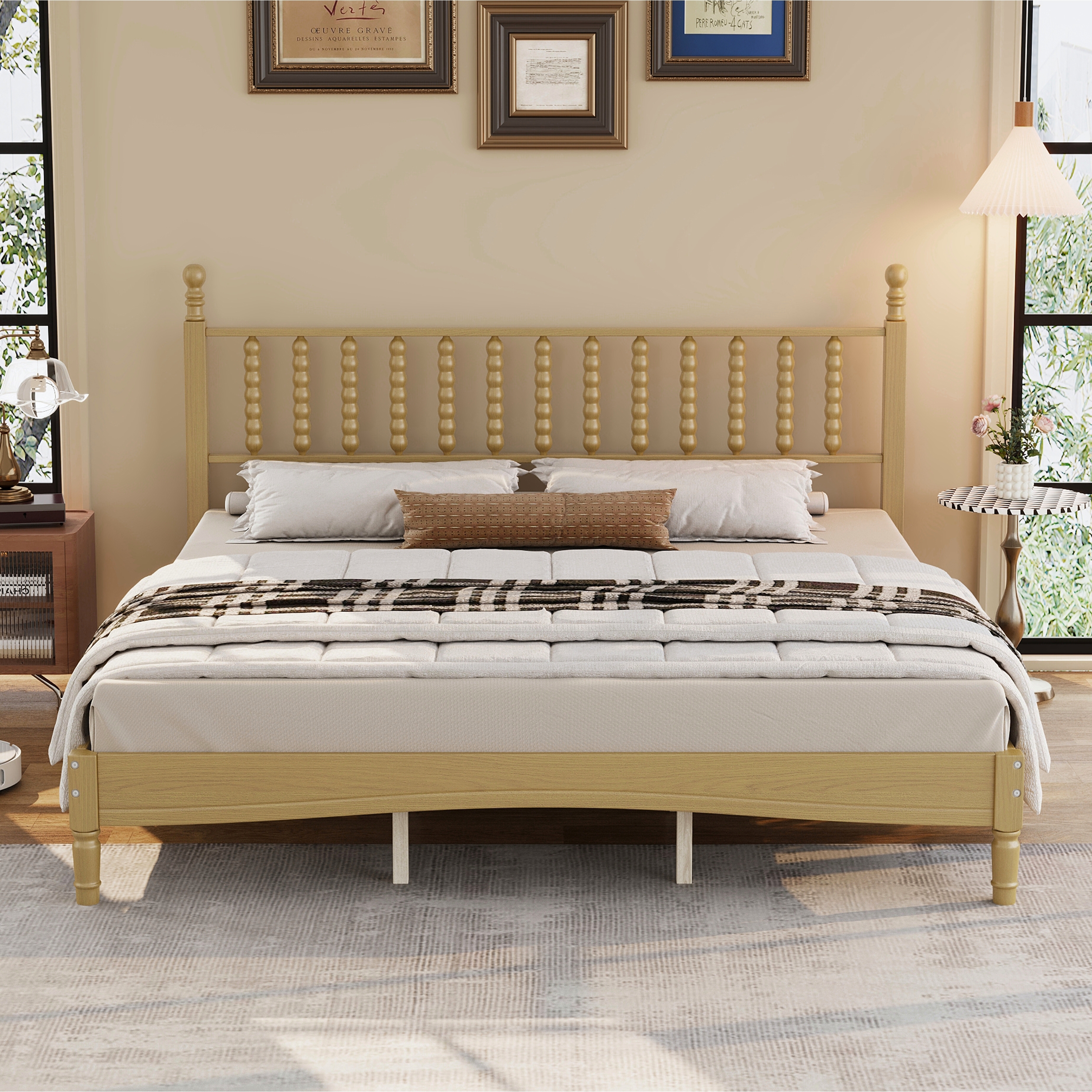 King Size Wood Platform Bed With Gourd Shaped Headboard,Retro Style Platform Bed With Wooden Slat Support,Natural