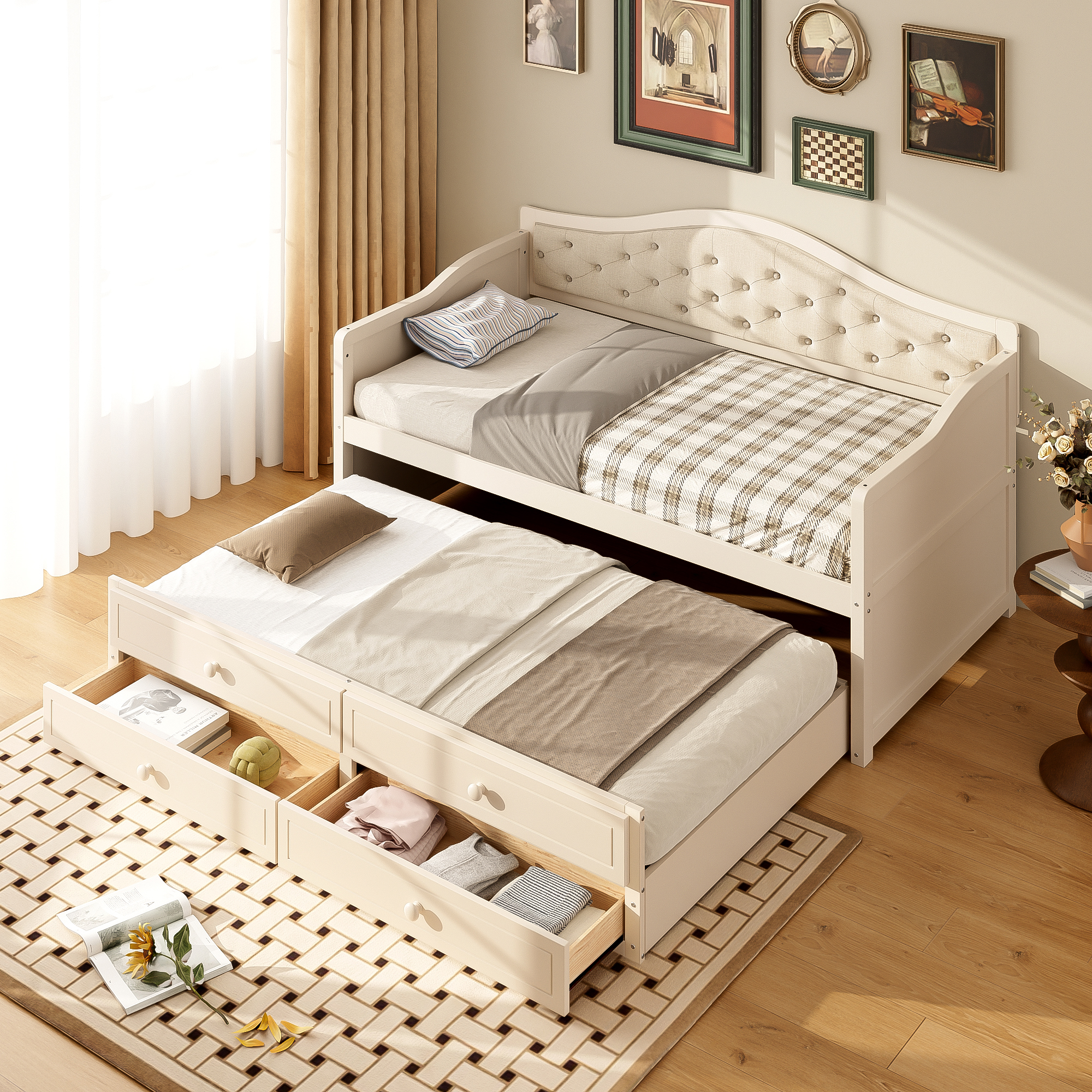 Twin Daybed With Trundle, Twin Size Daybed With 2 Storage Drawers, Wooden Sofa Bed With Upholstered Button Tufted Backrest For Living Room, Bedroom, Guest Room,Beige