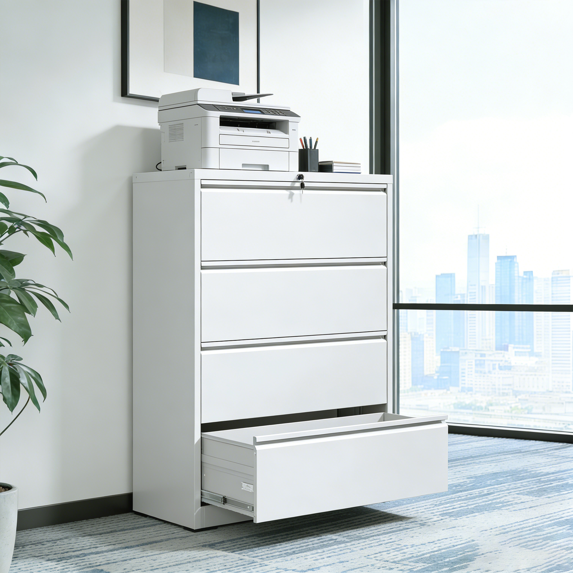 4 Drawer Lateral File Cabinet, Heavy Duty Metal Filing Cabinet, 35.4 Inch Wide Locking File Cabinet For Home Office, Space-Saving Vertical Storage With Anti-Tip Interlock, For Letter Legal A4 Files