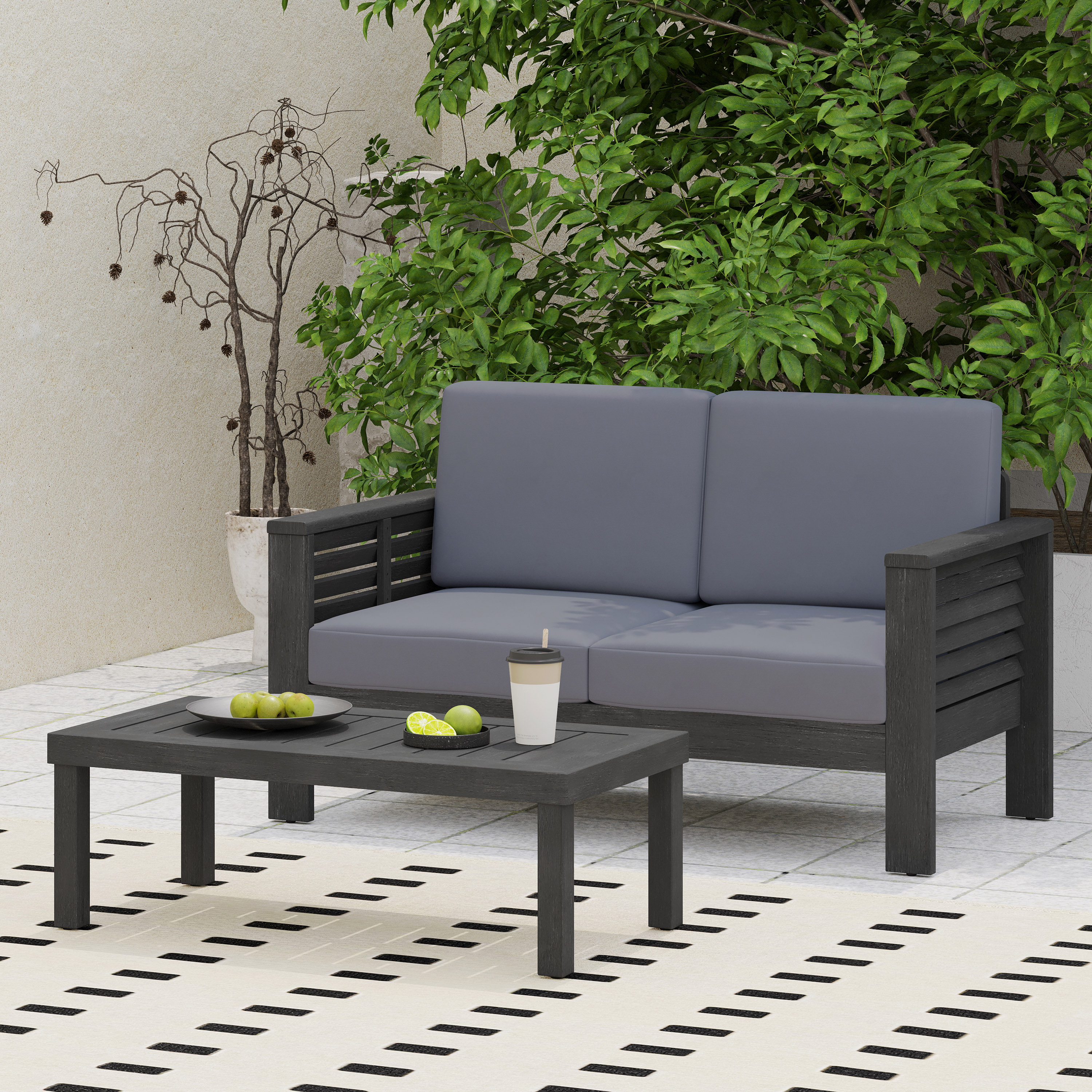 Acacia Wood Outdoor Loveseat And Coffee Table Set With Cushions, Dark Gray