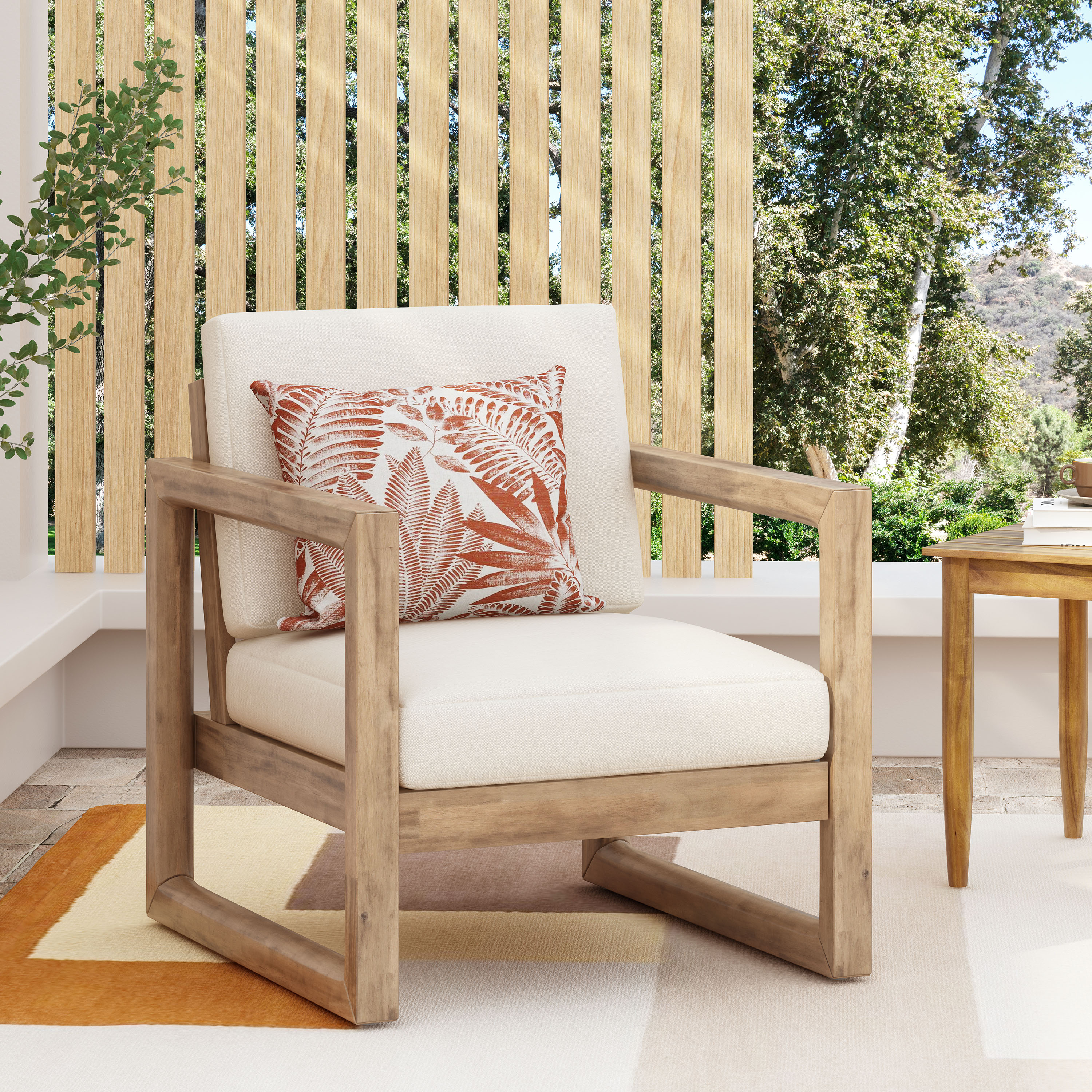 Outdoor Acacia Wood Patio Club Chair, Wood Patio Furniture,Waterproof Thick Cushion Deep Seating For Porch, Garden, Backyard, Balcony, Brown Wash And Beige Cushion