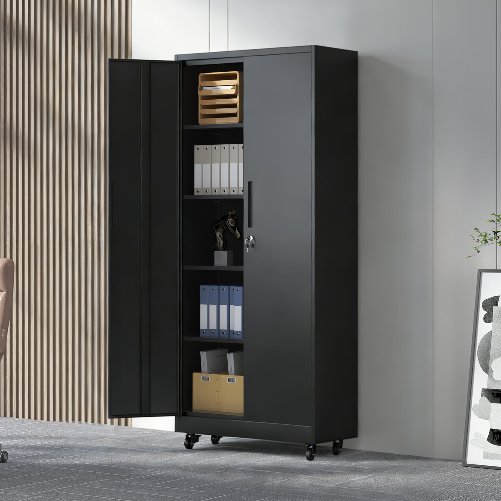71H Metal Garage Storage Cabinet With Wheels And Lock, Heavy Duty Rolling Metal Cabinet, 4 Adjustable Shelves 180lb Each , 3-Point Locking Security, For Tool Organization In Garage, Workshop, Office