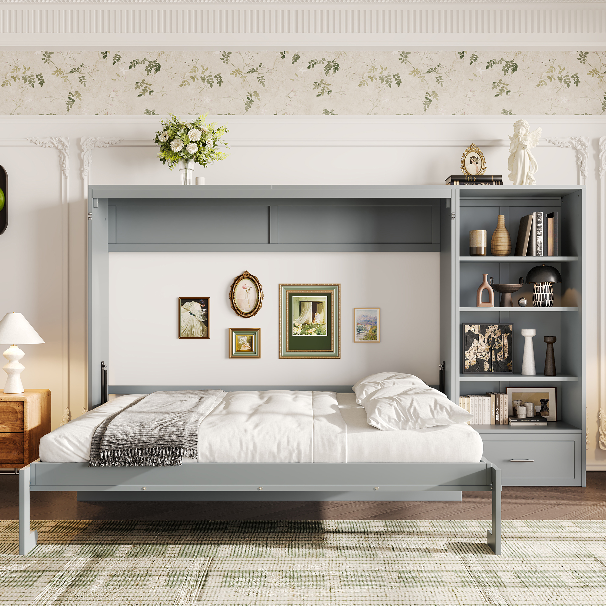 Queen Size Murphy Bed With Height Adjustable Storage Compartments And Shelf, Wall Bed Frame With 1 Drawer, Multifunctional Foldable Platform Bed For Bedroom,Guest Room, Gray OLD