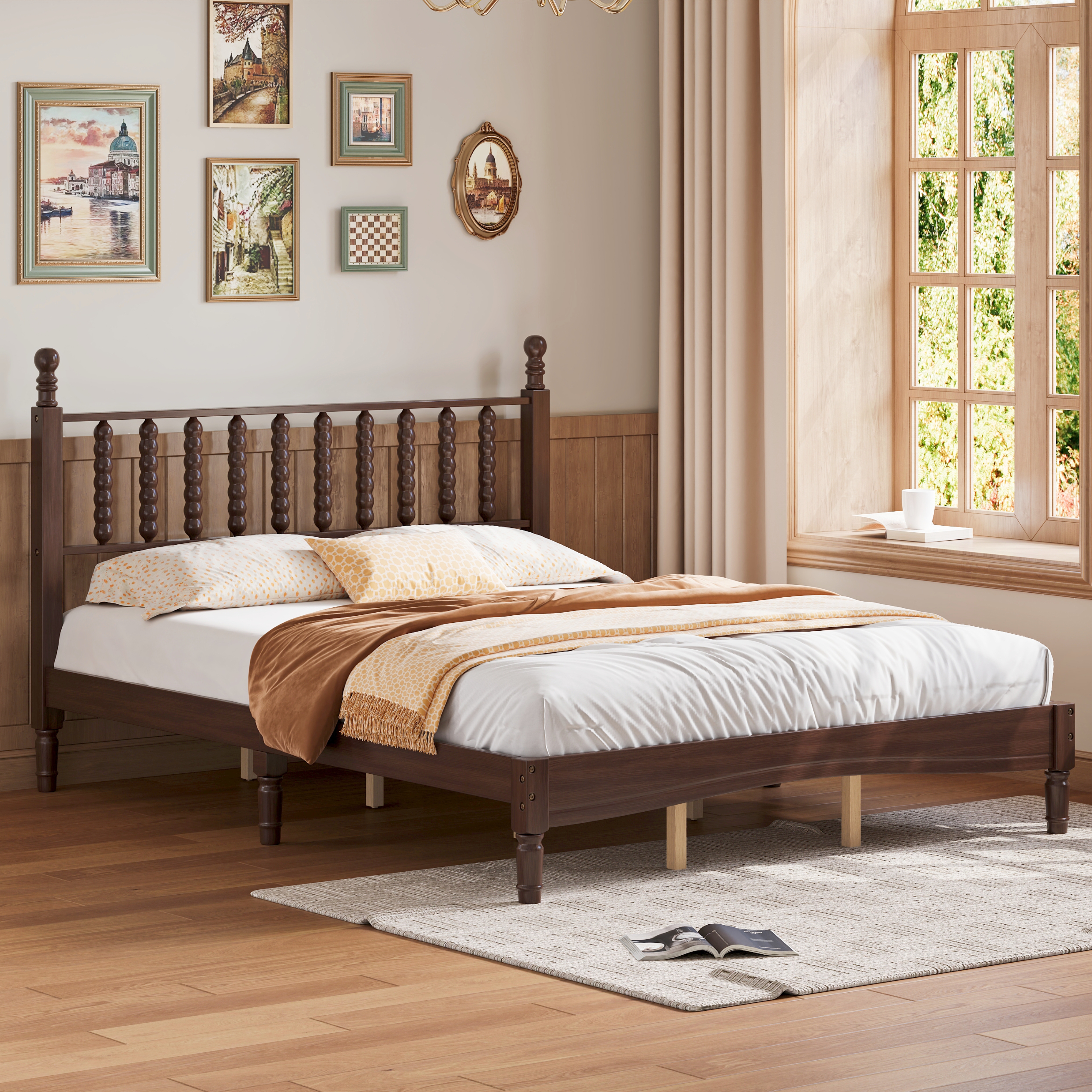 Queen Size Wood Platform Bed With Gourd Shaped Headboard,Retro Style Platform Bed With Wooden Slat Support,Walnut