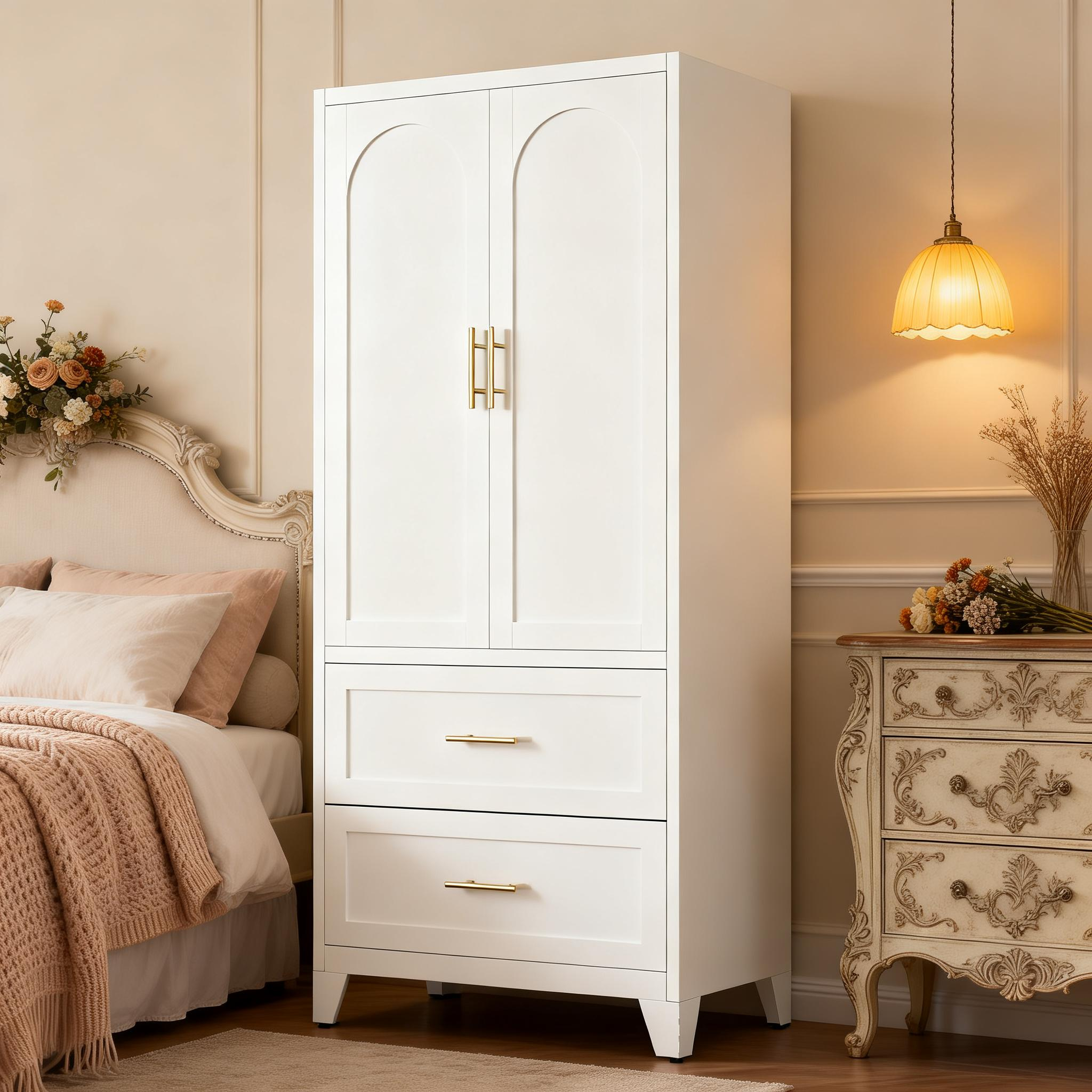 71 Tall Metal Wardrobe Cabinet With 2 Drawers And Hanging Rod, 2 Doors Wardrobe Closet With Shelf For Bedroom, Office, Laundry Room,Entryway ,Foyer,Guesthouse White