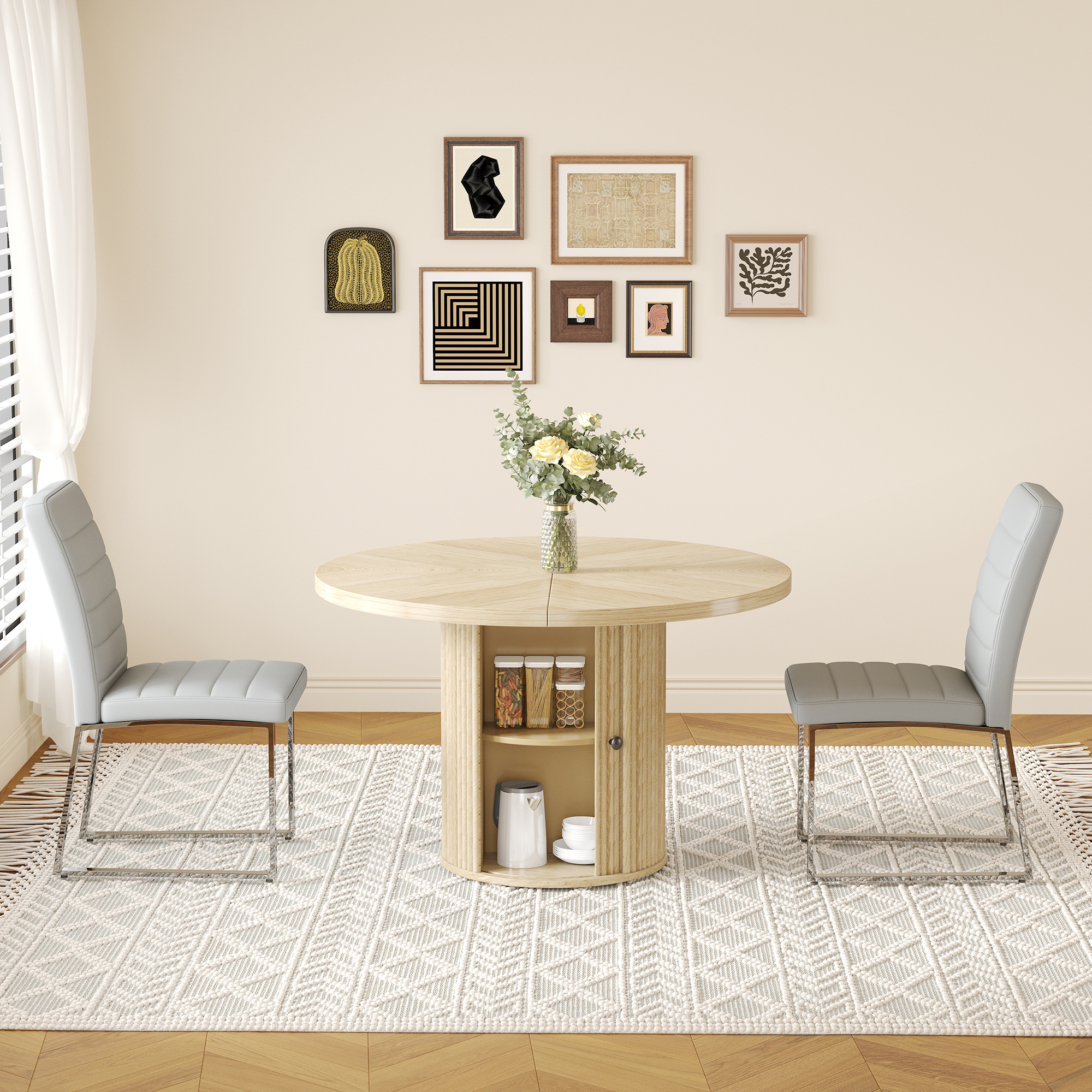 2piece PU Padded Dining Chair Set With 47.2 In Round Roman Column Table, Storage Included, Suitable For Restaurants Wooden Color